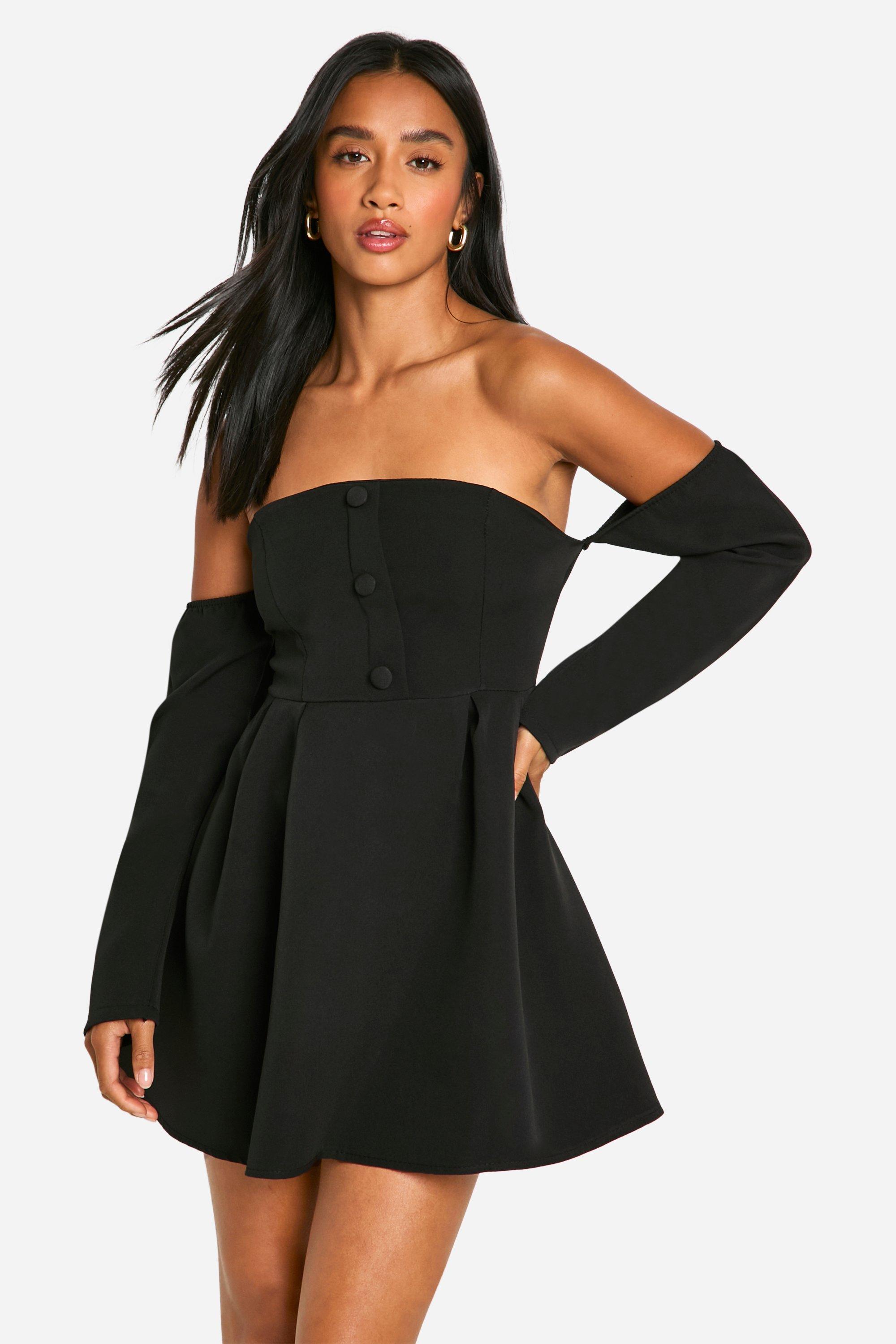 Womens Petite A-Line Bardot Long Sleeve Mini Dress - Black - 8, Black