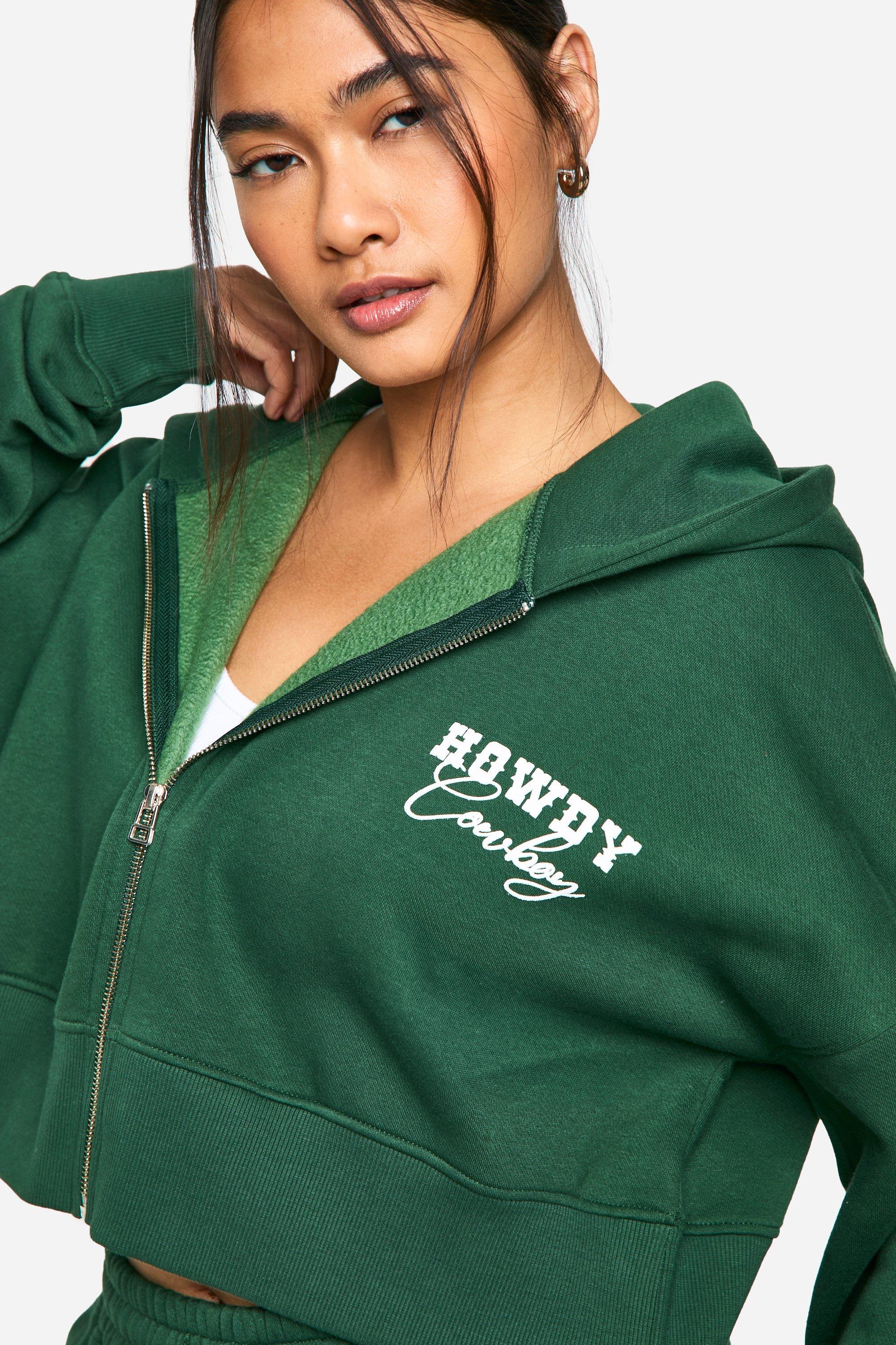 Womens Howdy Cowboy Boxy Crop Zip Through Hoodie - Green - Xl, Green