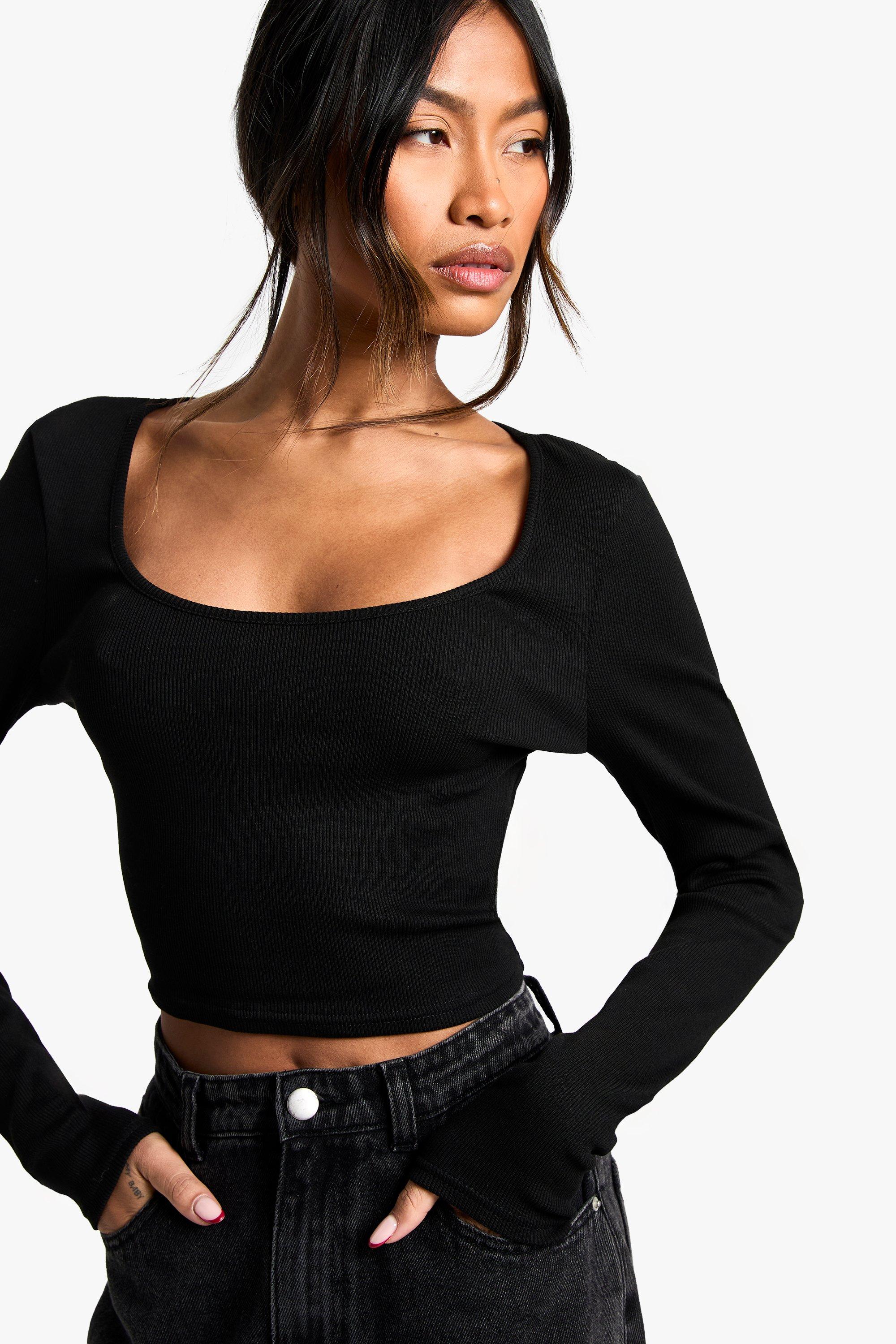 Image of Top a maniche lunghe Basic con scollo rotondo, Nero