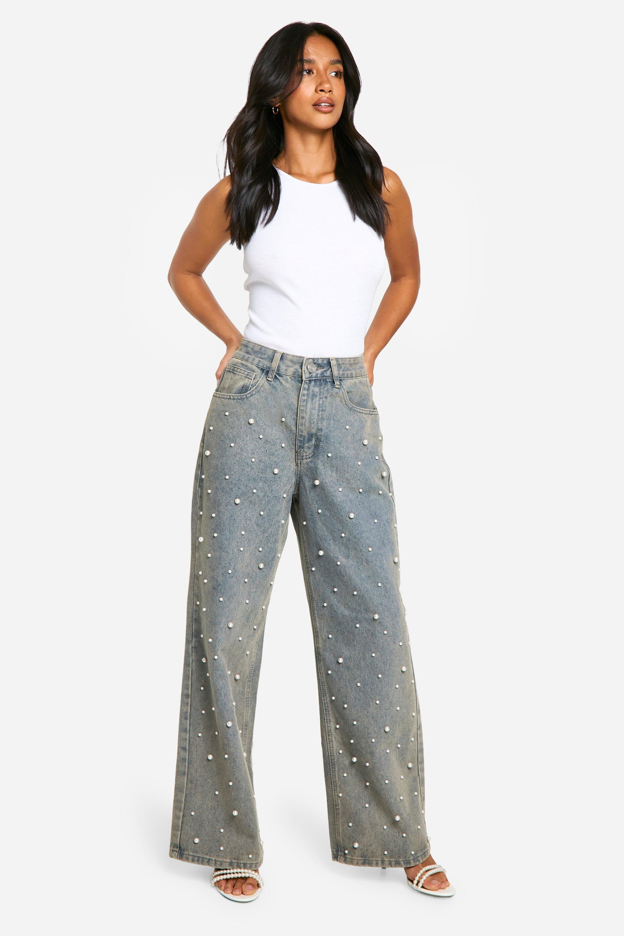 Boohoo Petite Wide Leg Jeans Met Parels, Light Wash