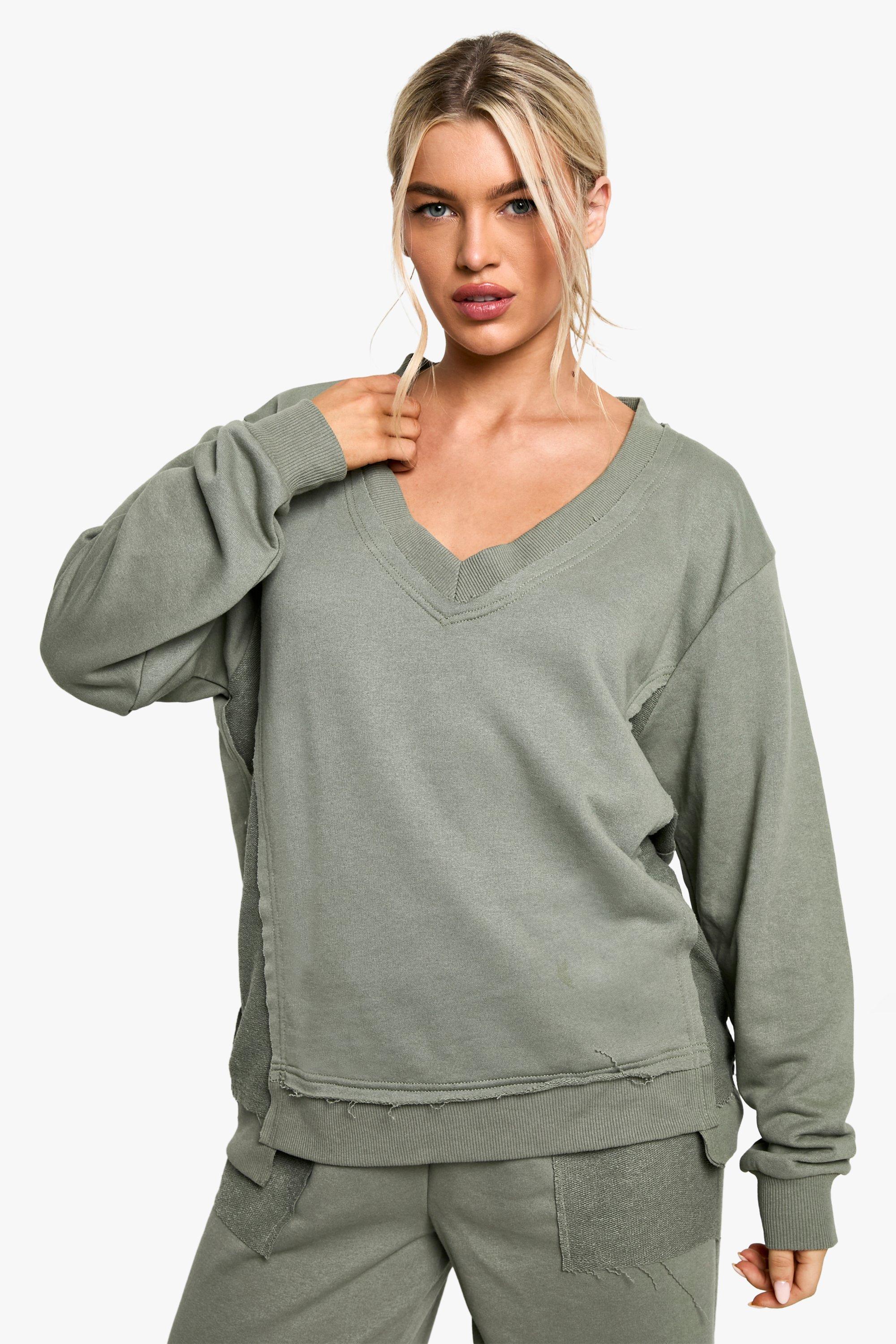 Womens Reverse Loopback Pannelled V Neck Sweatshirt - Green - S, Green