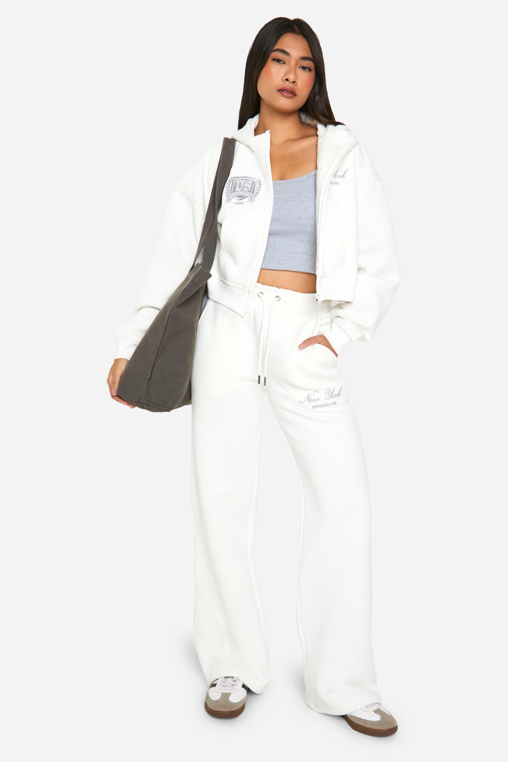 Womens Printed Zip Through Boxy Hoodie And Straight Leg Jogger Tracksuit - Cream - Xl, Cream