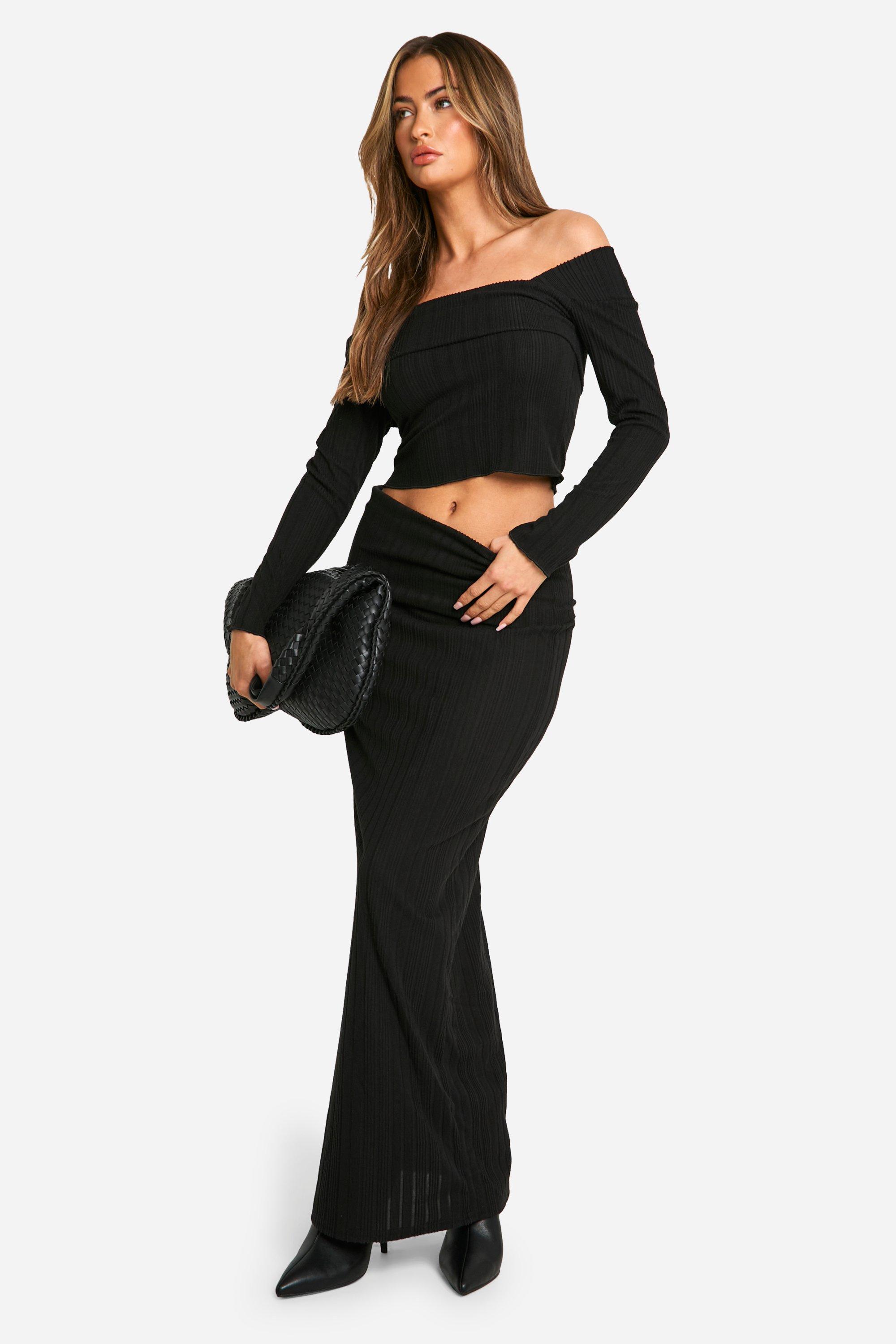 Boohoo Brushed Rib Fold Over Waistband Maxi Skirt, Black