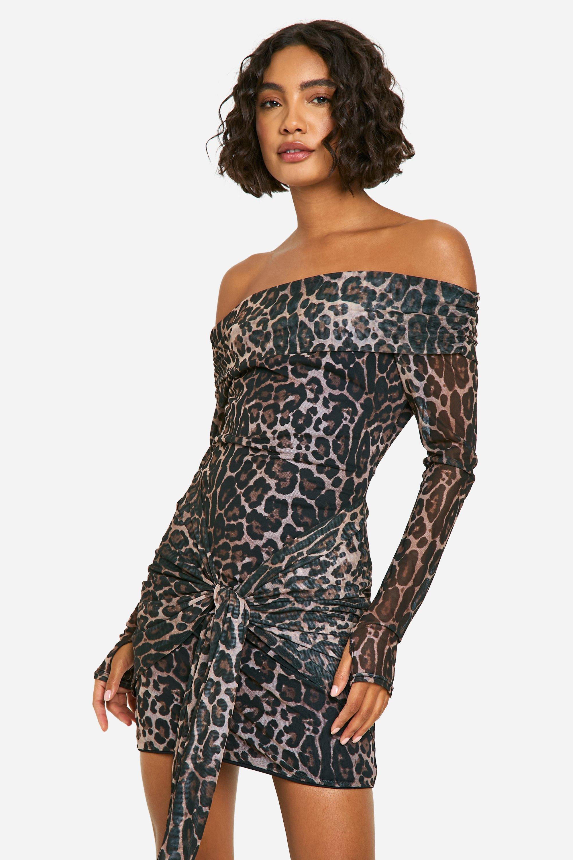 Womens Tall Leopard Mesh Bardot Twist Front Mini Dress - Multi - 12, Multi