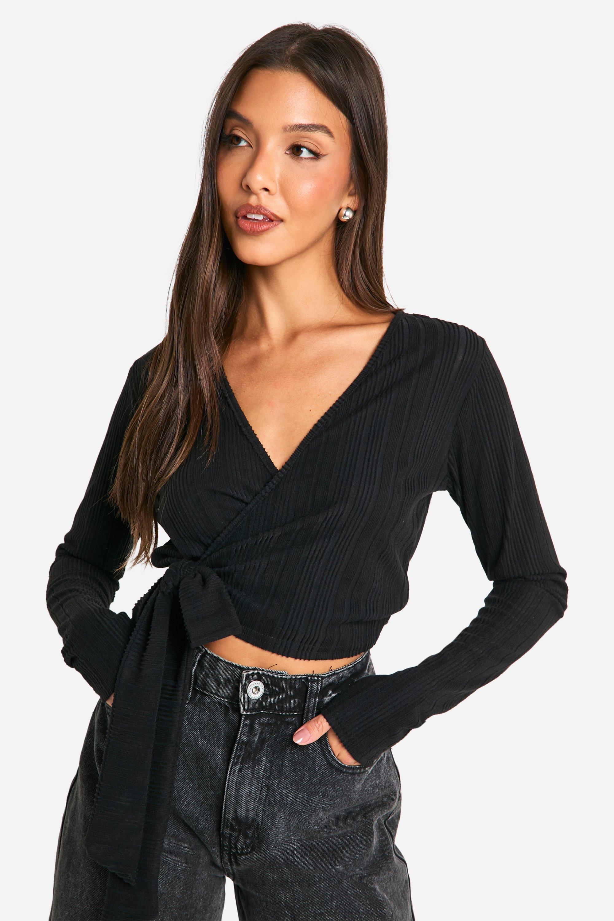 Womens Brushed Rib Wrap Around Top - Black - 8, Black