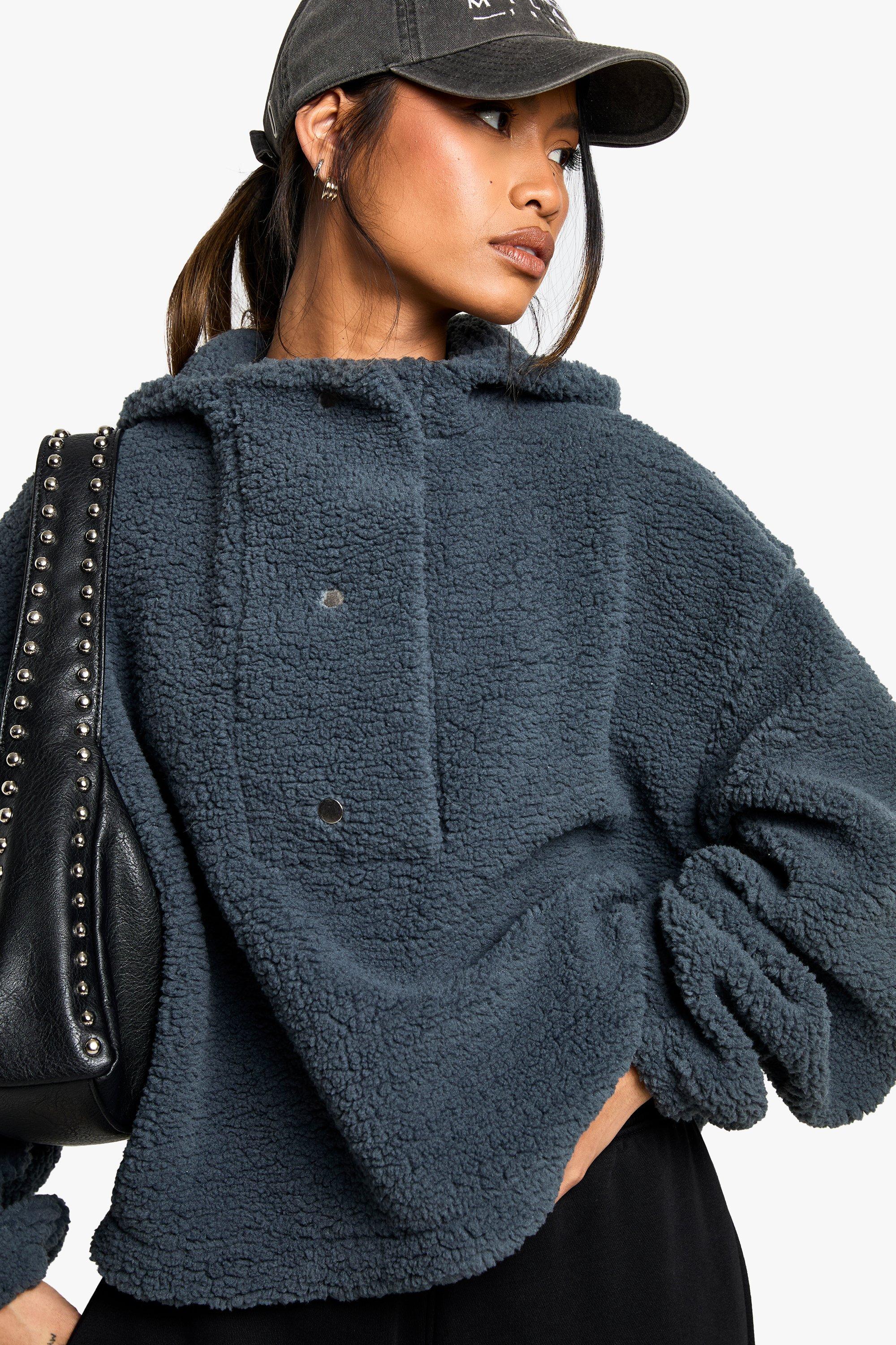 Womens Popper Neckline Overszied Borg Hoodie - Grey - M, Grey