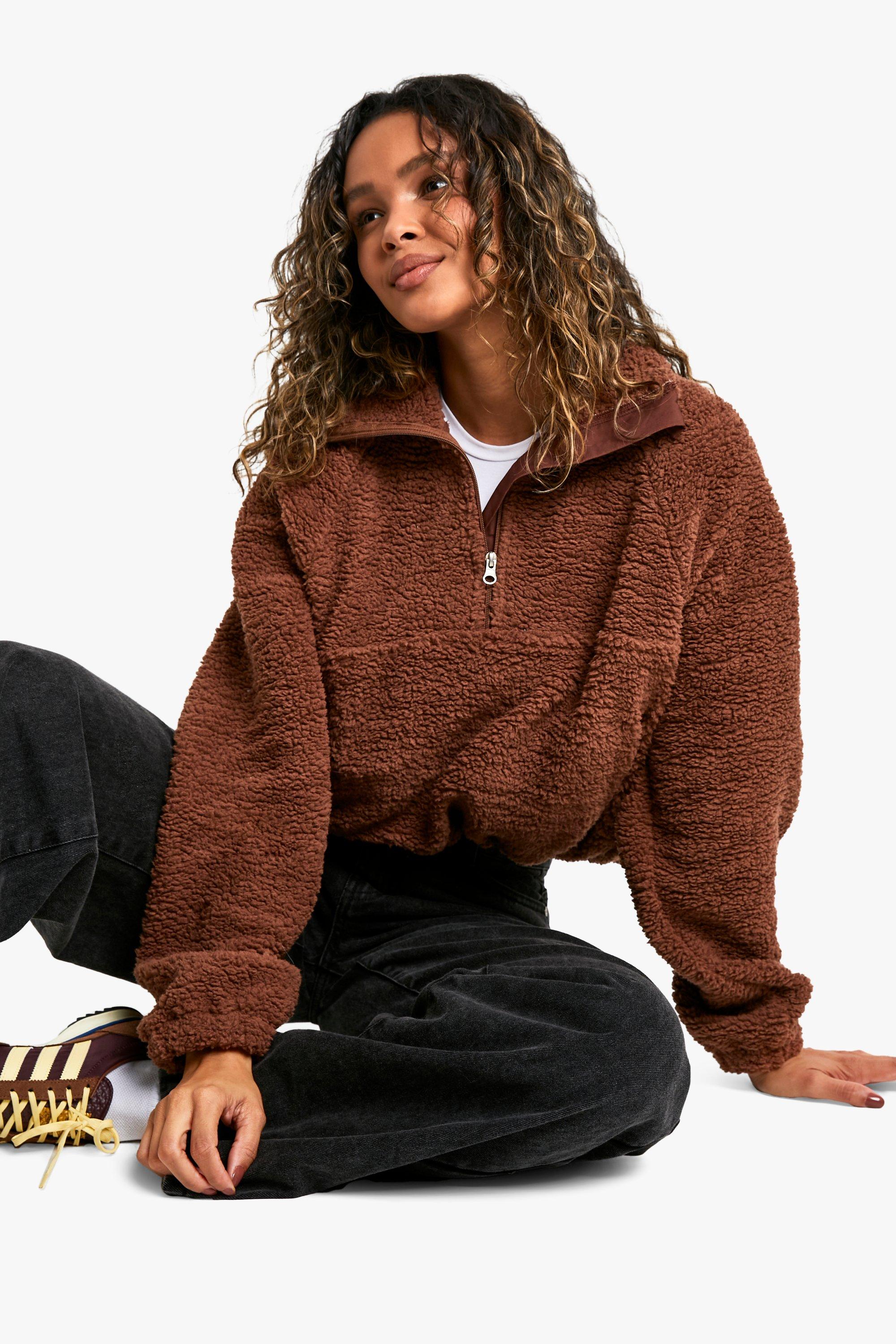 Womens Half Zip Side Pocket Overszied Borg Sweatshirt - Brown - Xl, Brown