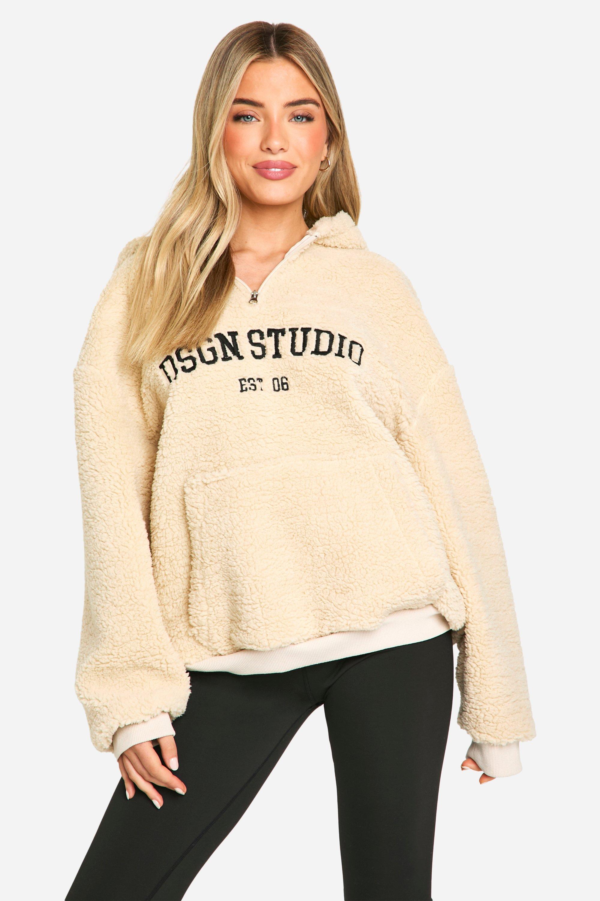 Womens Dsgn Studio Embroidered Borg Half Zip Hoodie - Beige - S, Beige