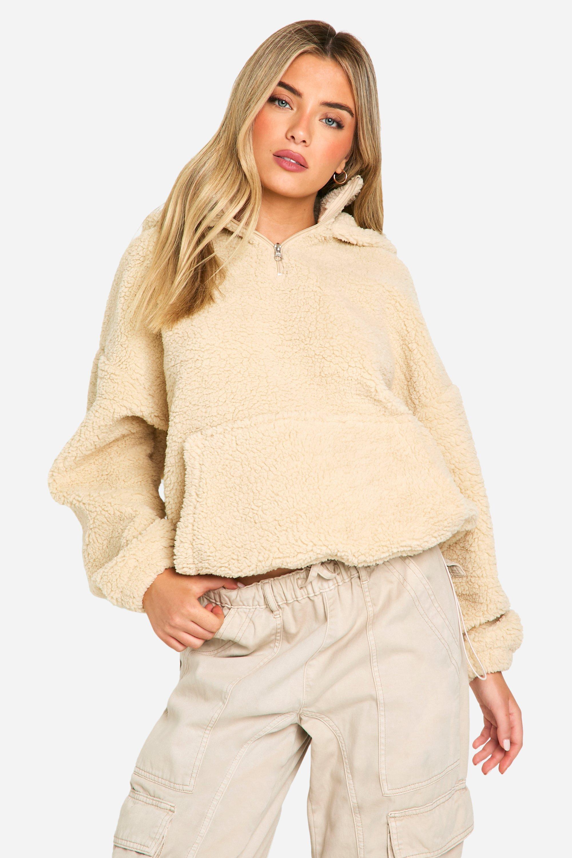 Womens Half Zip Funnel Neck Zip Borg Hoodie - Beige - Xs, Beige