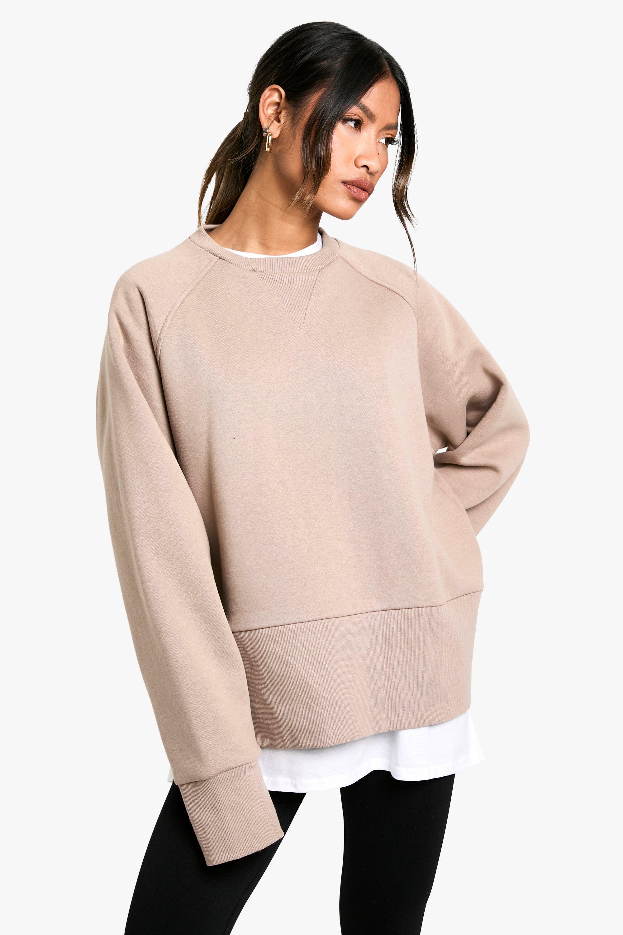 Womens Rib Detail Deep Hem & Cuff Oversized Sweatshirt - Beige - Xs, Beige