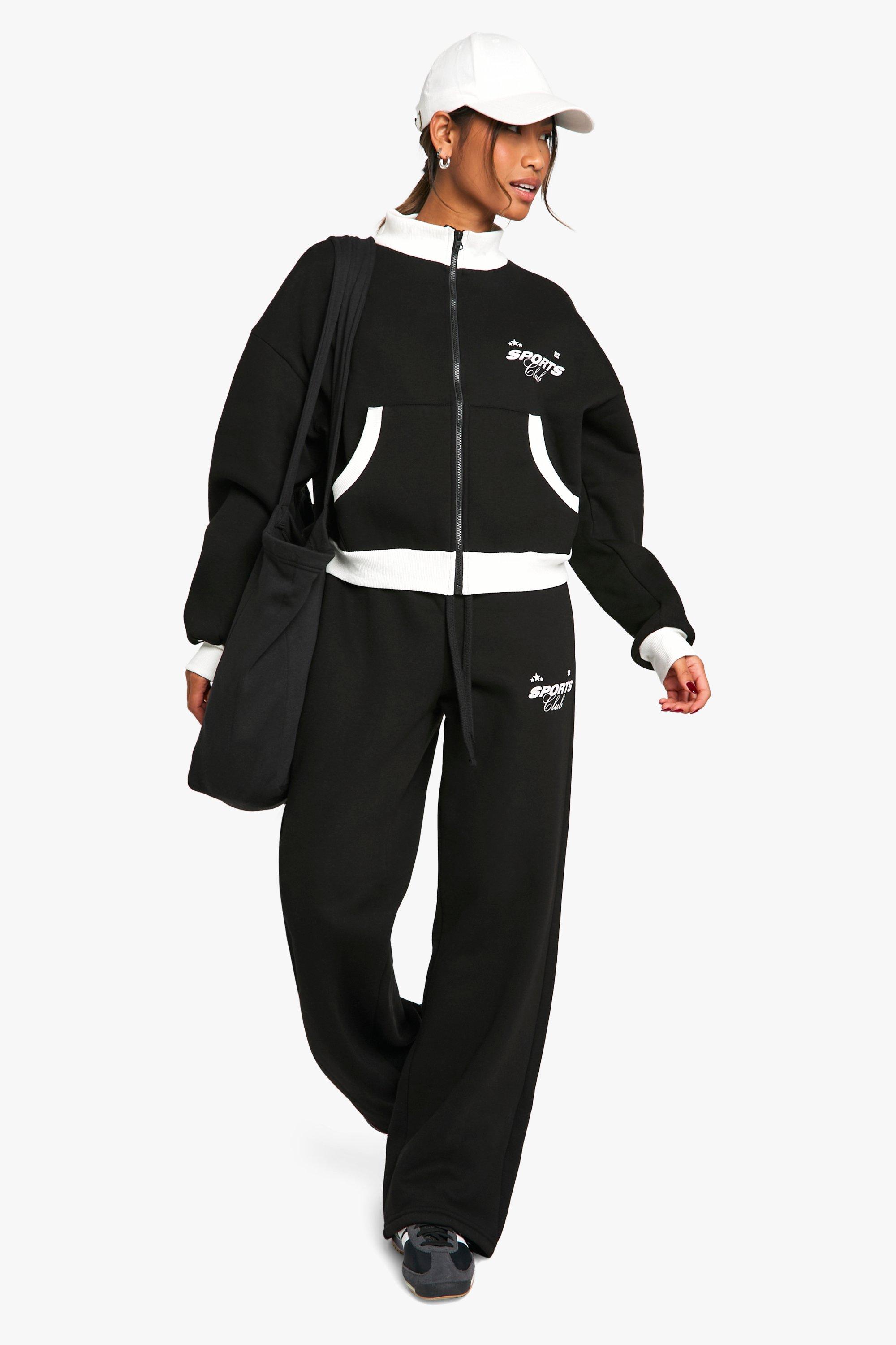 Womens Contrast Zip Through Sweatshirt Straight Leg Jogger Tracksuit - Black - S, Black