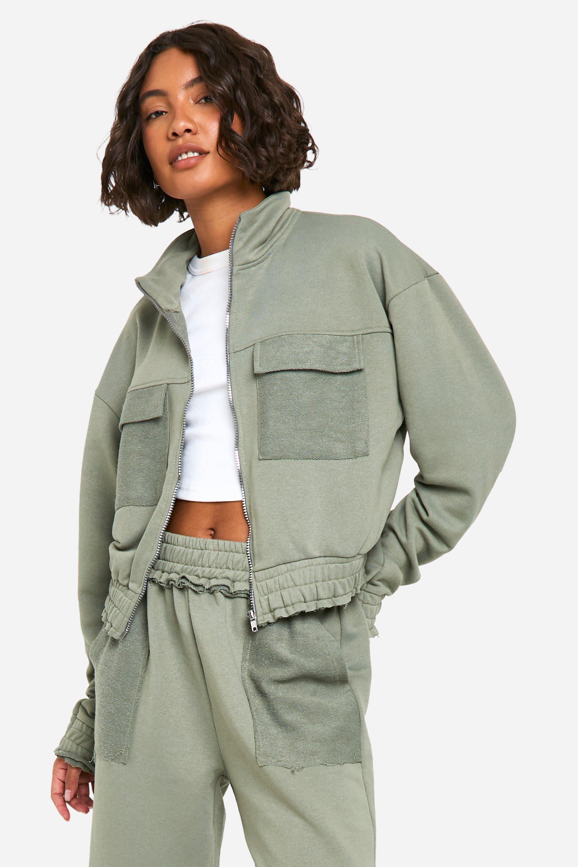 Womens Tall Reverse Loopback Pocket Detail Zip Through Bomber - Green - L, Green