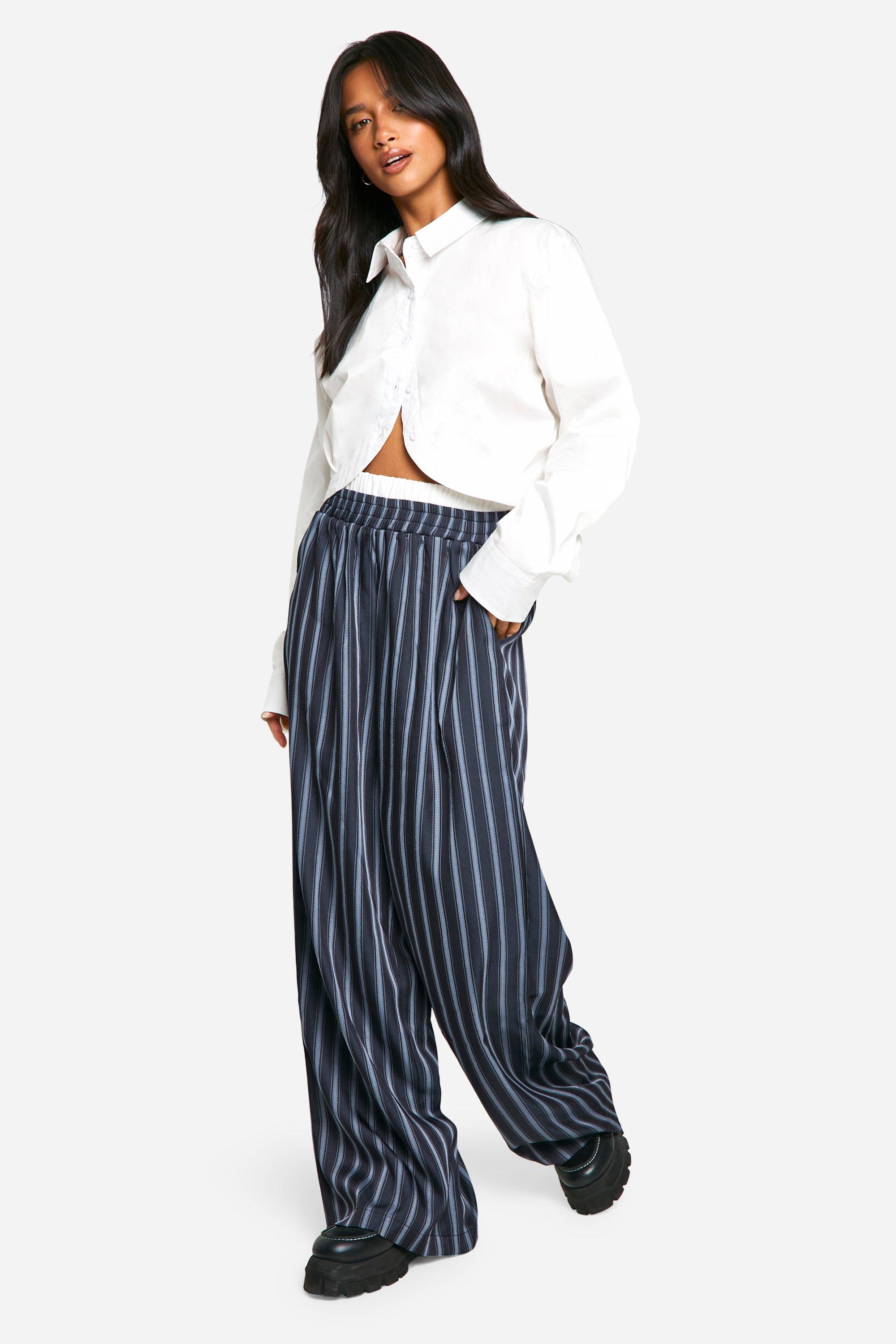 Womens Petite Stripe Contrast Waistband Wide Leg Trouser - Navy - 8, Navy