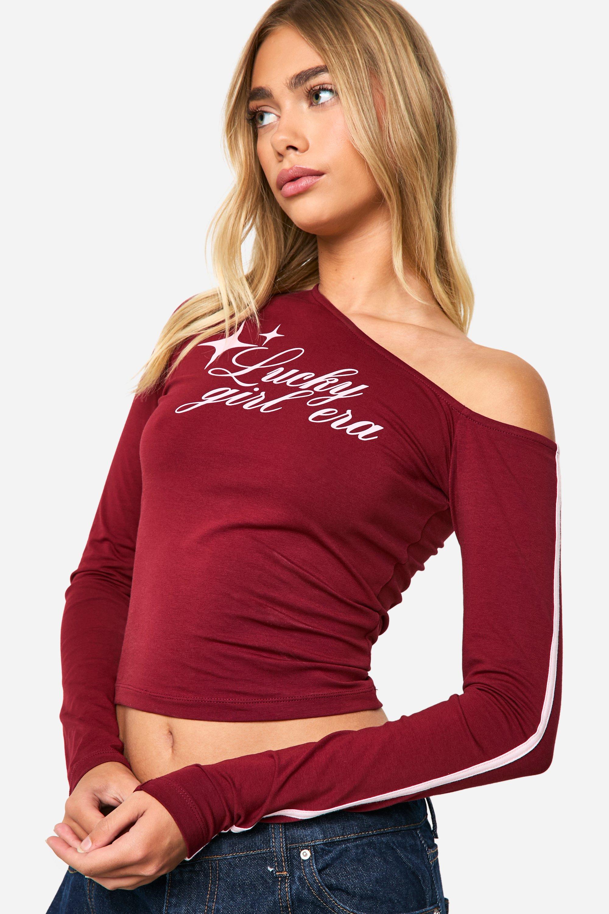 Womens Off Shoulder Stripe Sleeve Top With Print - Red - 10, Red