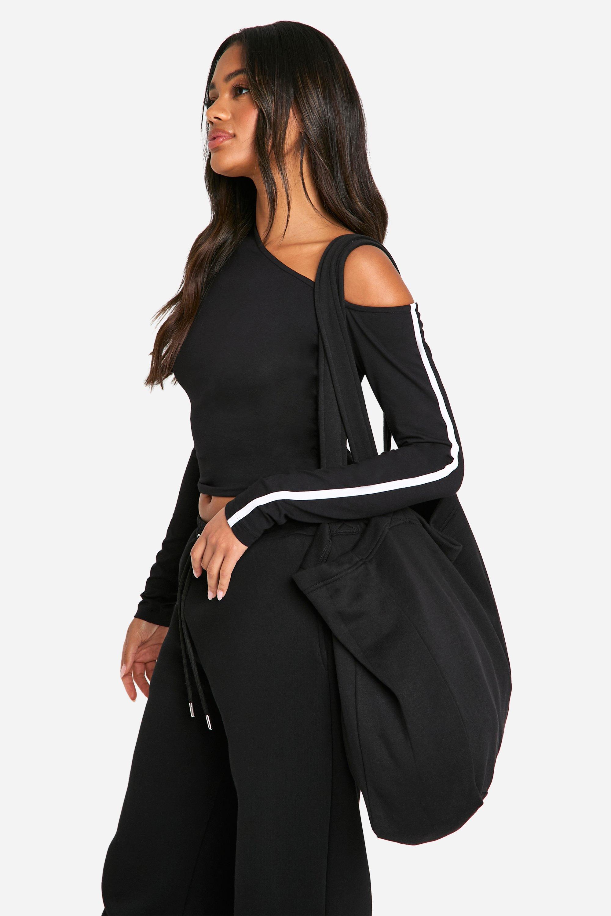 Womens Off Shoulder Stripe Sleeve Top - Black - 8, Black