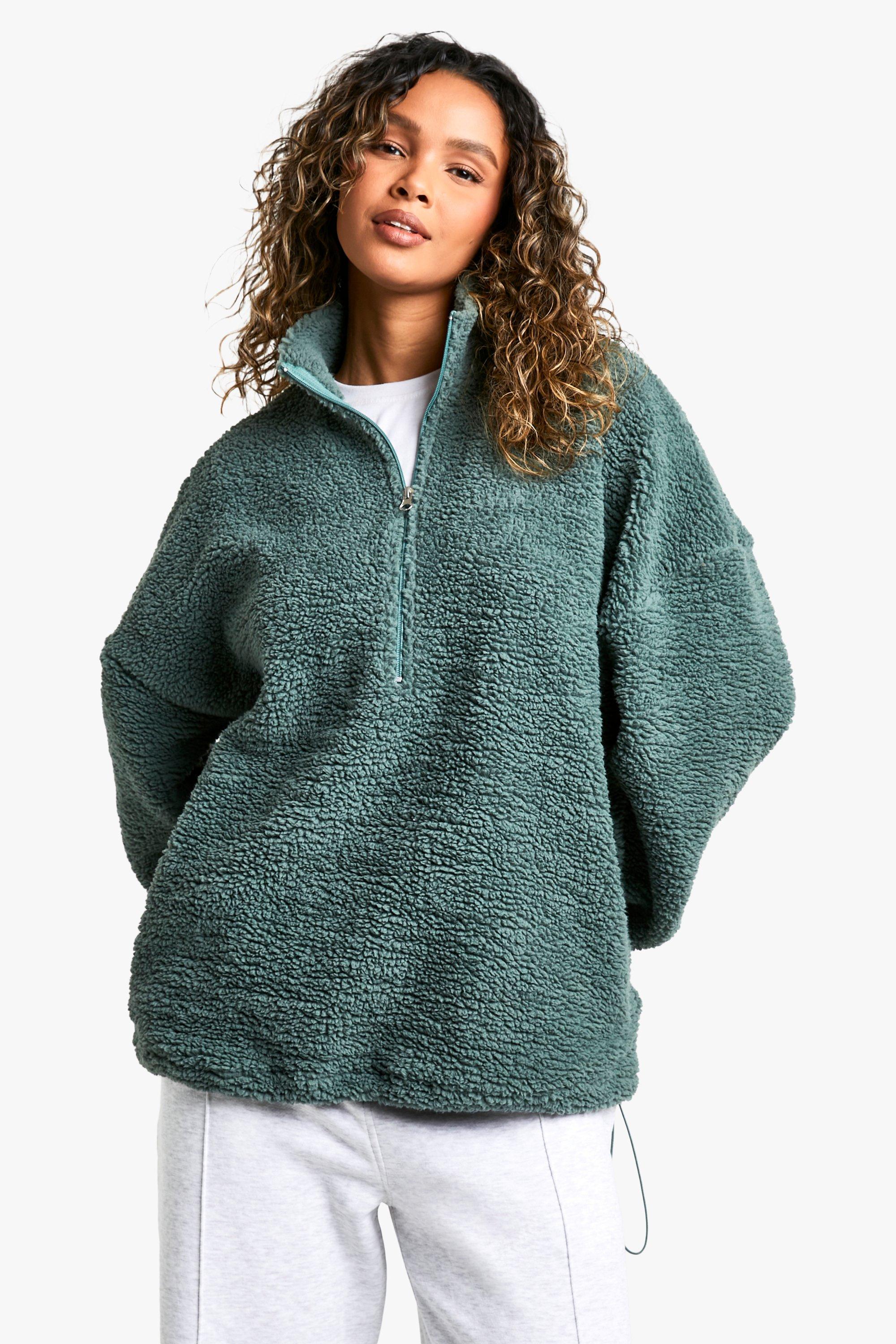 Womens Nylon Detail Half Zip Oversized Borg Sweatshirt - Green - L, Green