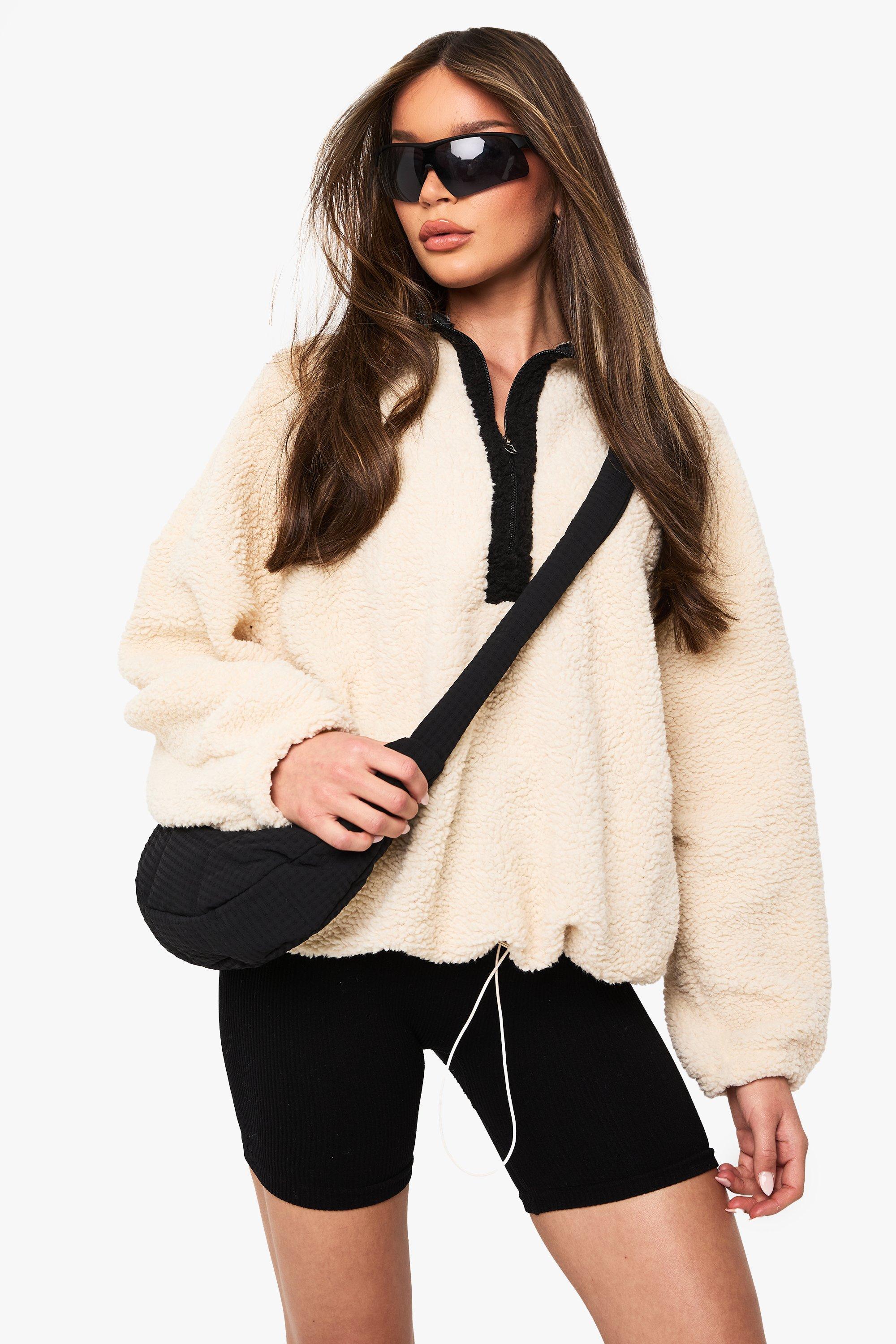 Womens Detail Half Zip Oversized Borg Sweatshirt - Beige - M, Beige