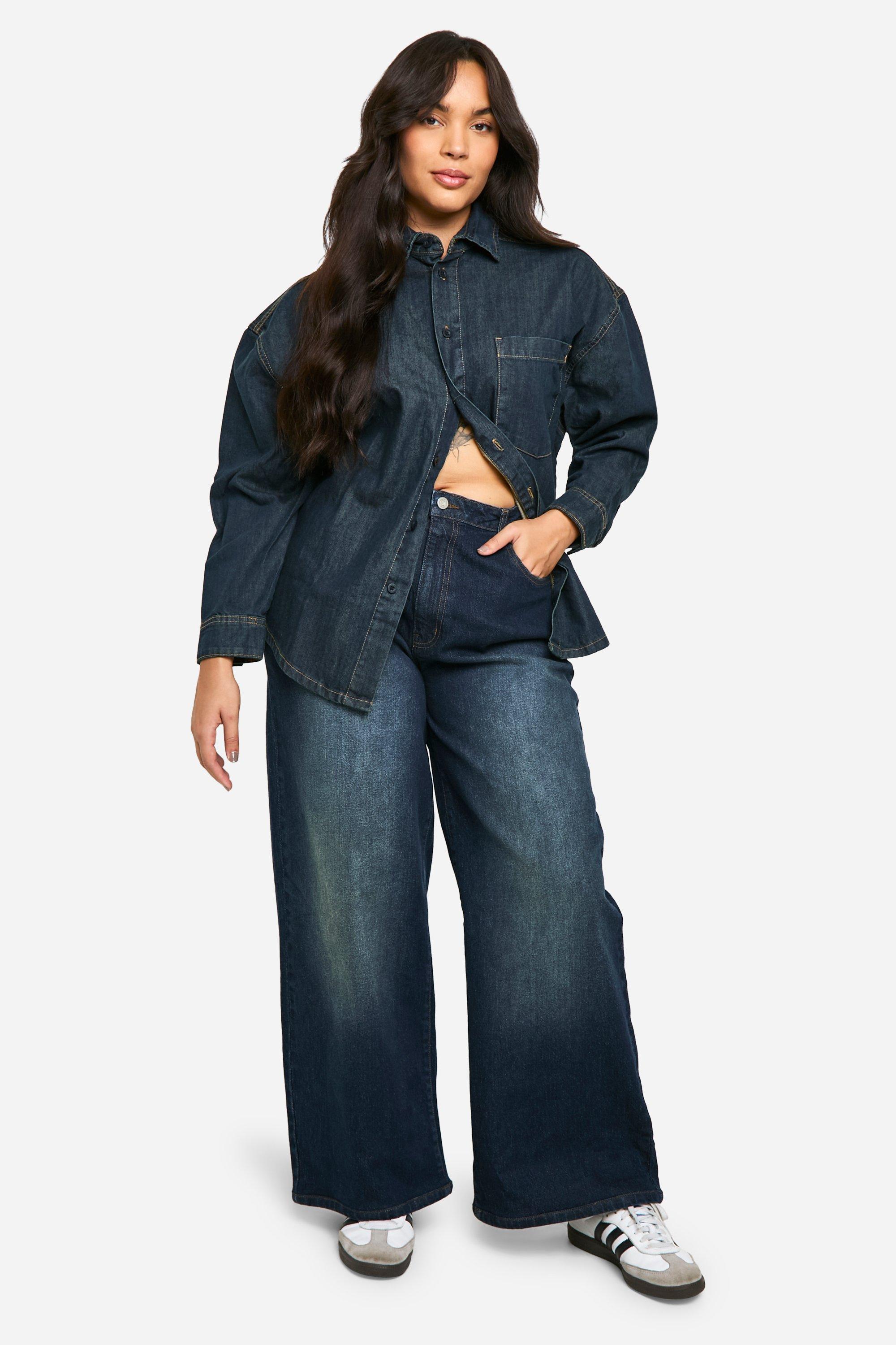 Boohoo Plus Wide Leg Jeans, Dark Indigo