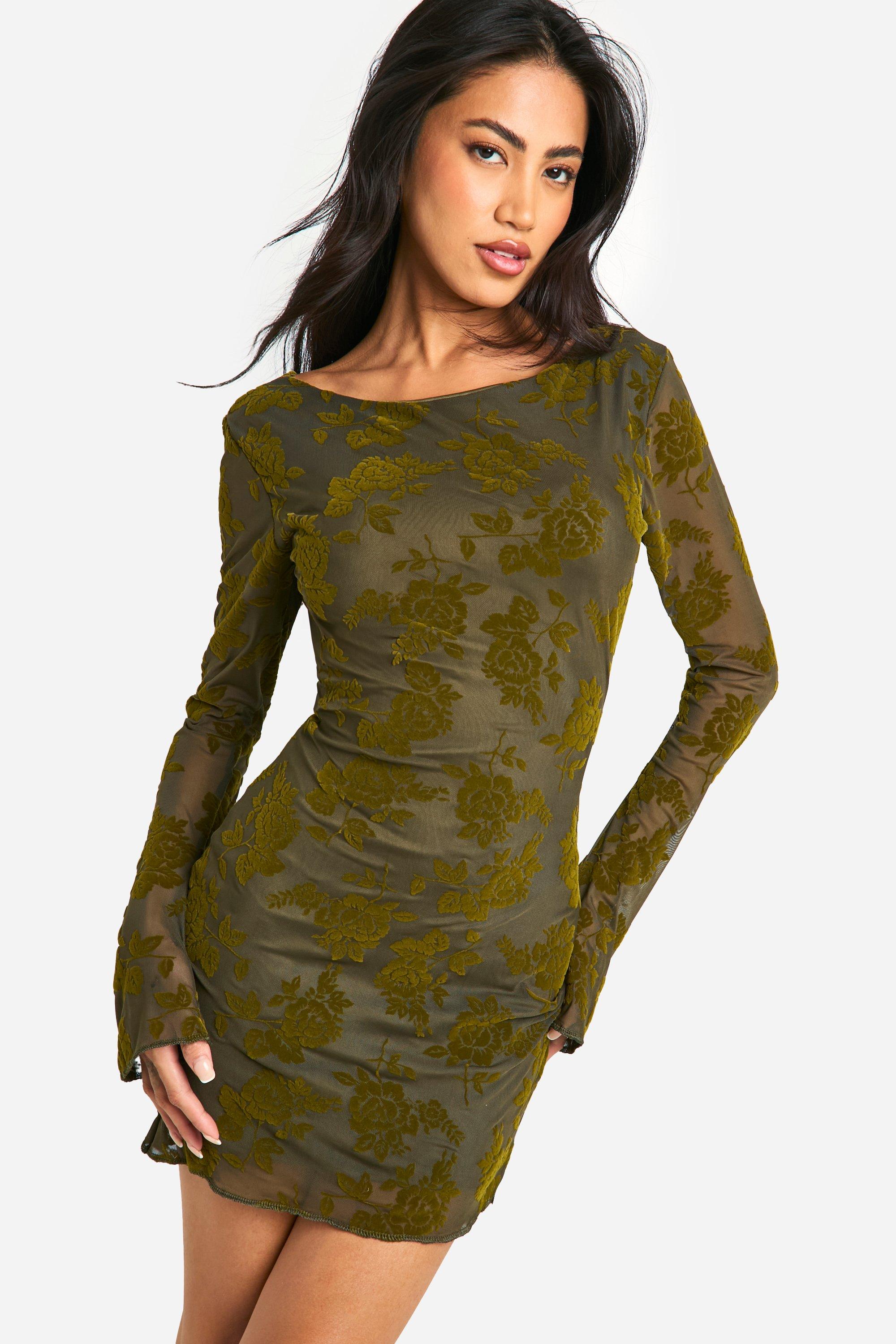 Boohoo Devore Cowl Back Flare Sleeve Mini Dress, Green