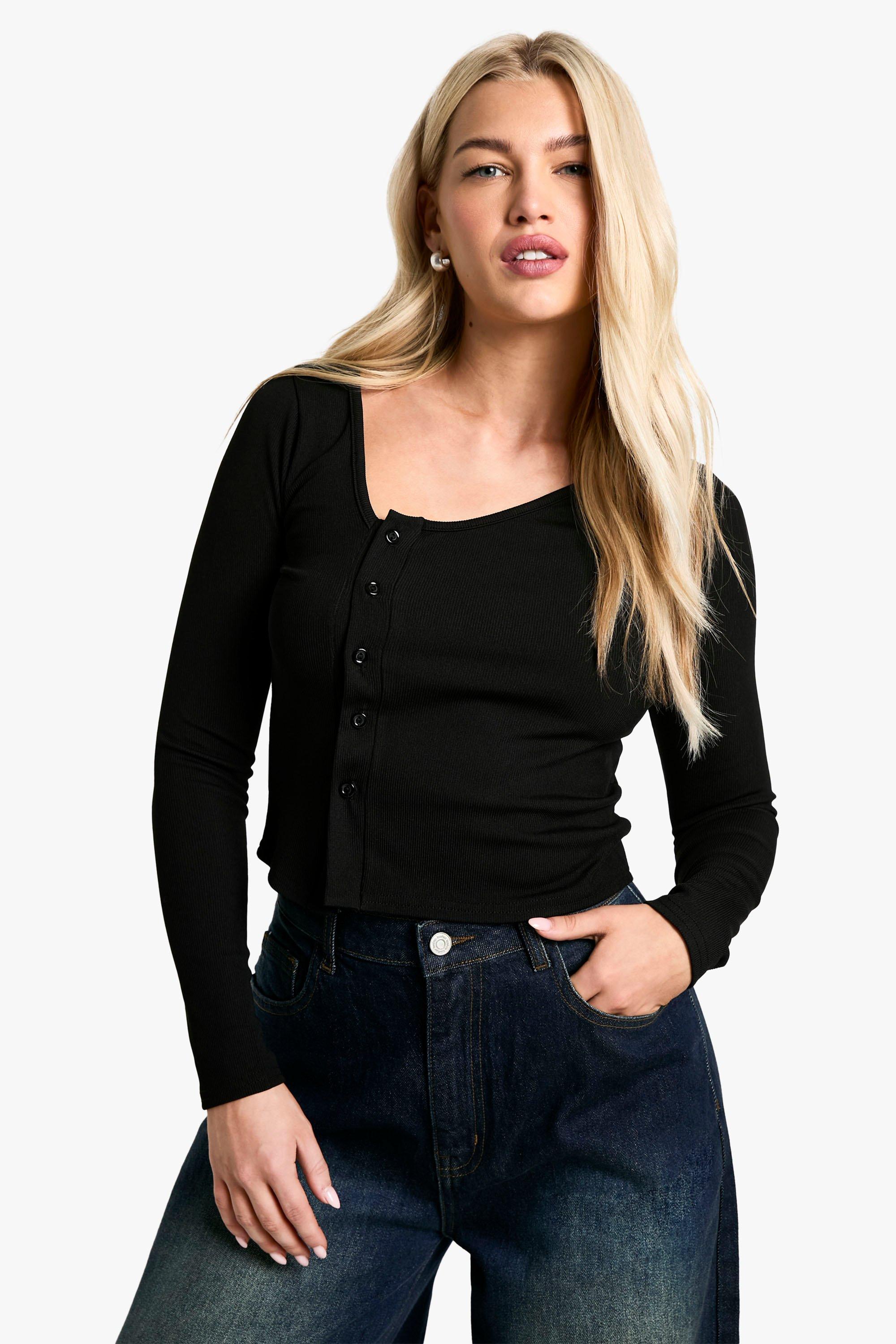 Womens Rib Asym Neck Button Through Top - Black - 6, Black