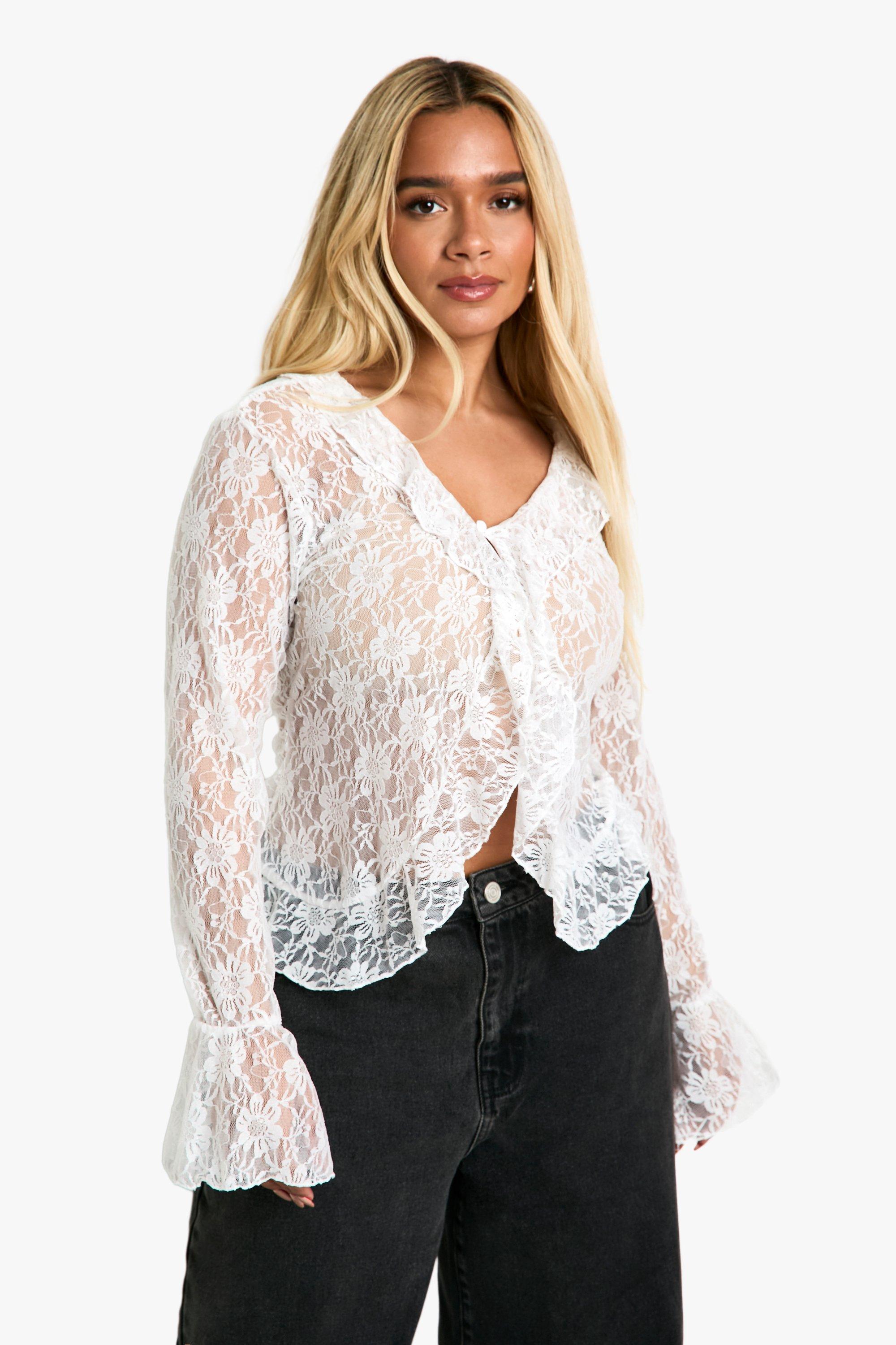 Womens Plus Lace Tie Front Flare Sleeve Top - White - 16, White