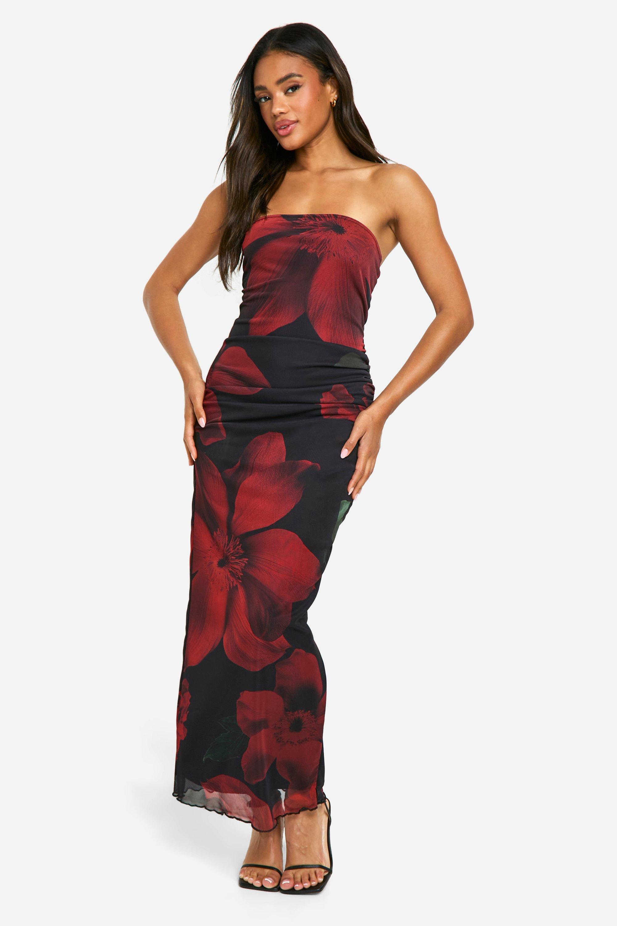 Womens Mesh Flower Print Bandeau Maxi Dress - Black - 12, Black