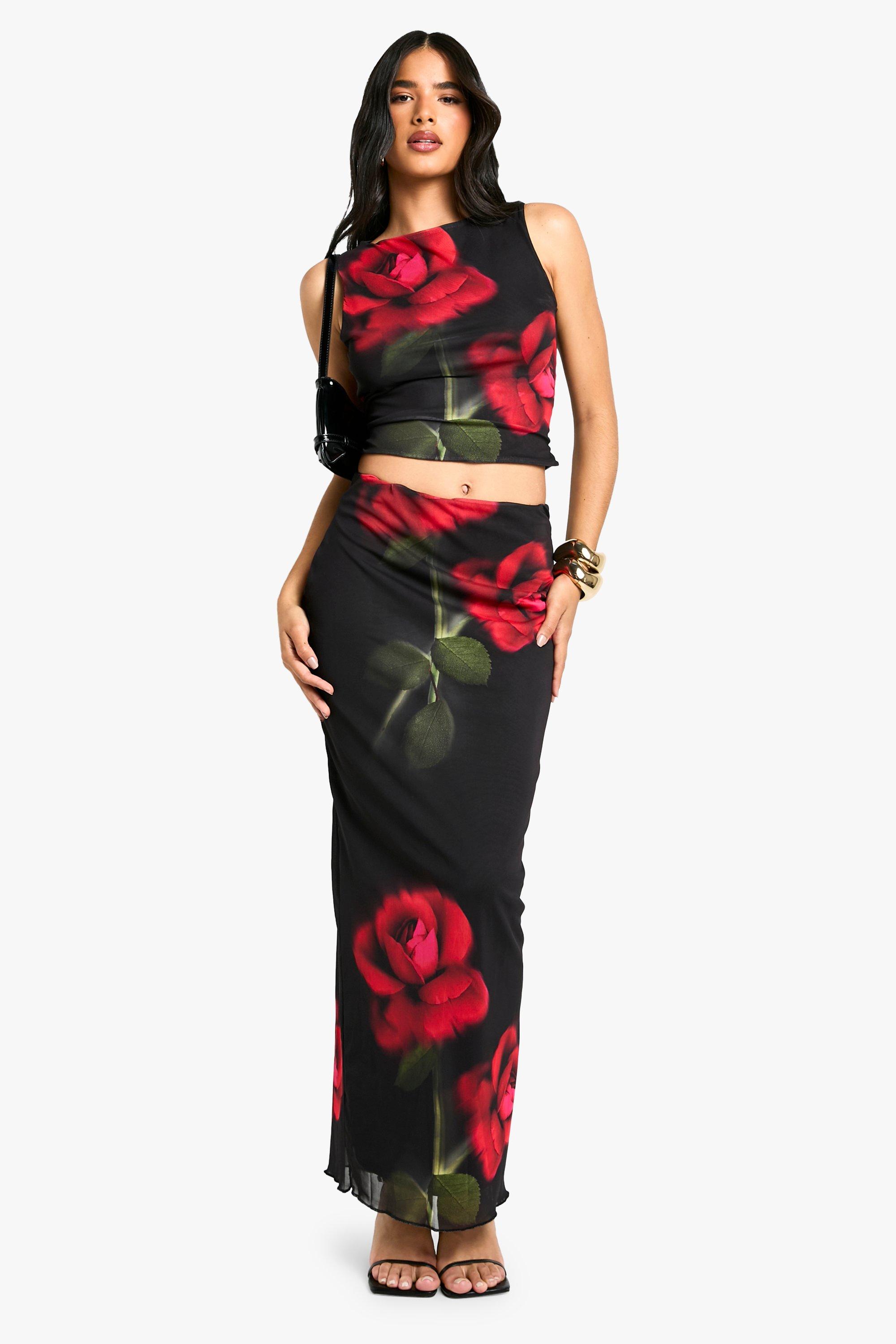 Boohoo Rose Print Mesh Maxi Skirt, Black