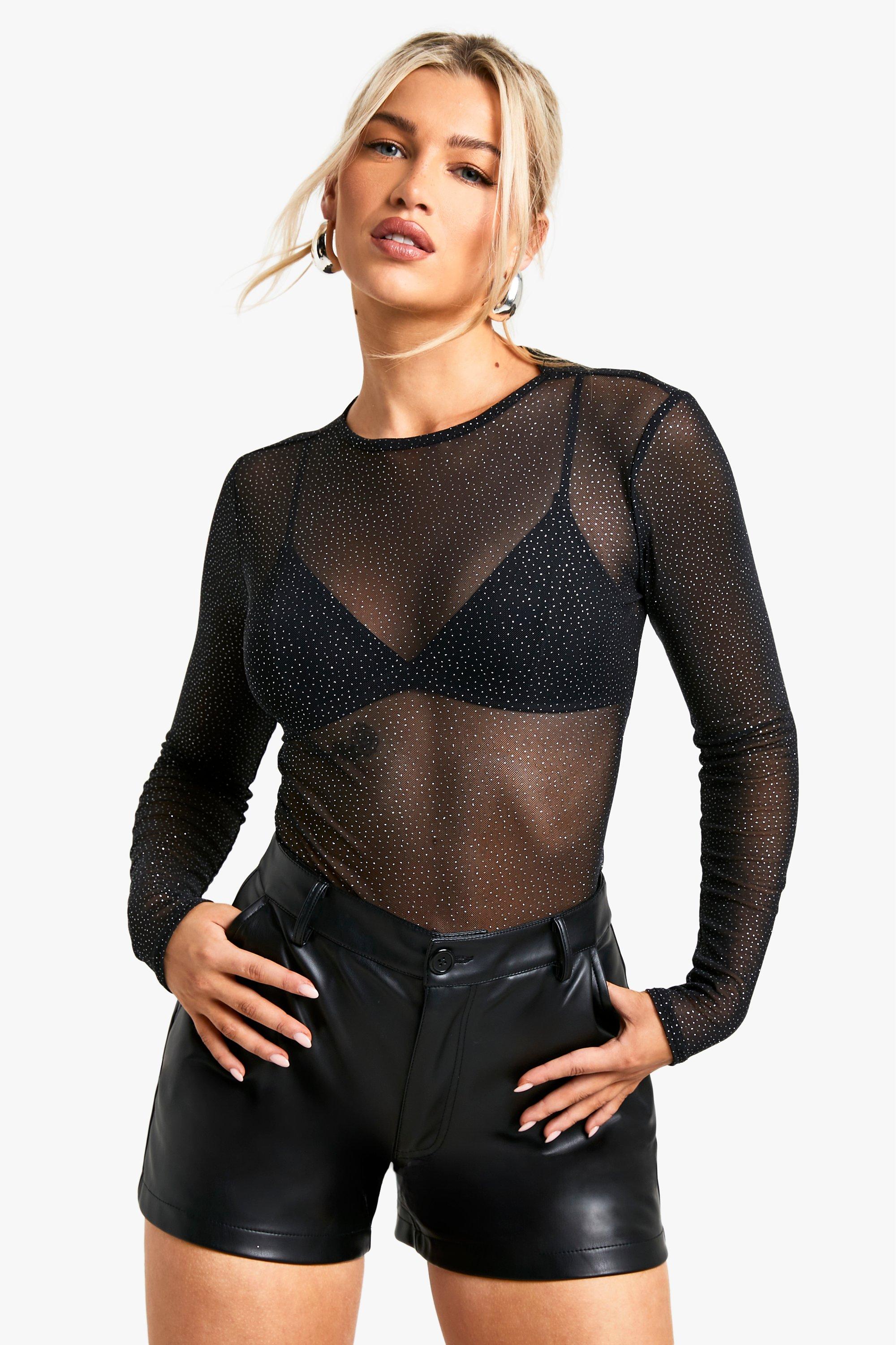 Boohoo Mesh Glitter Crop Top Met Lange Mouwen, Black