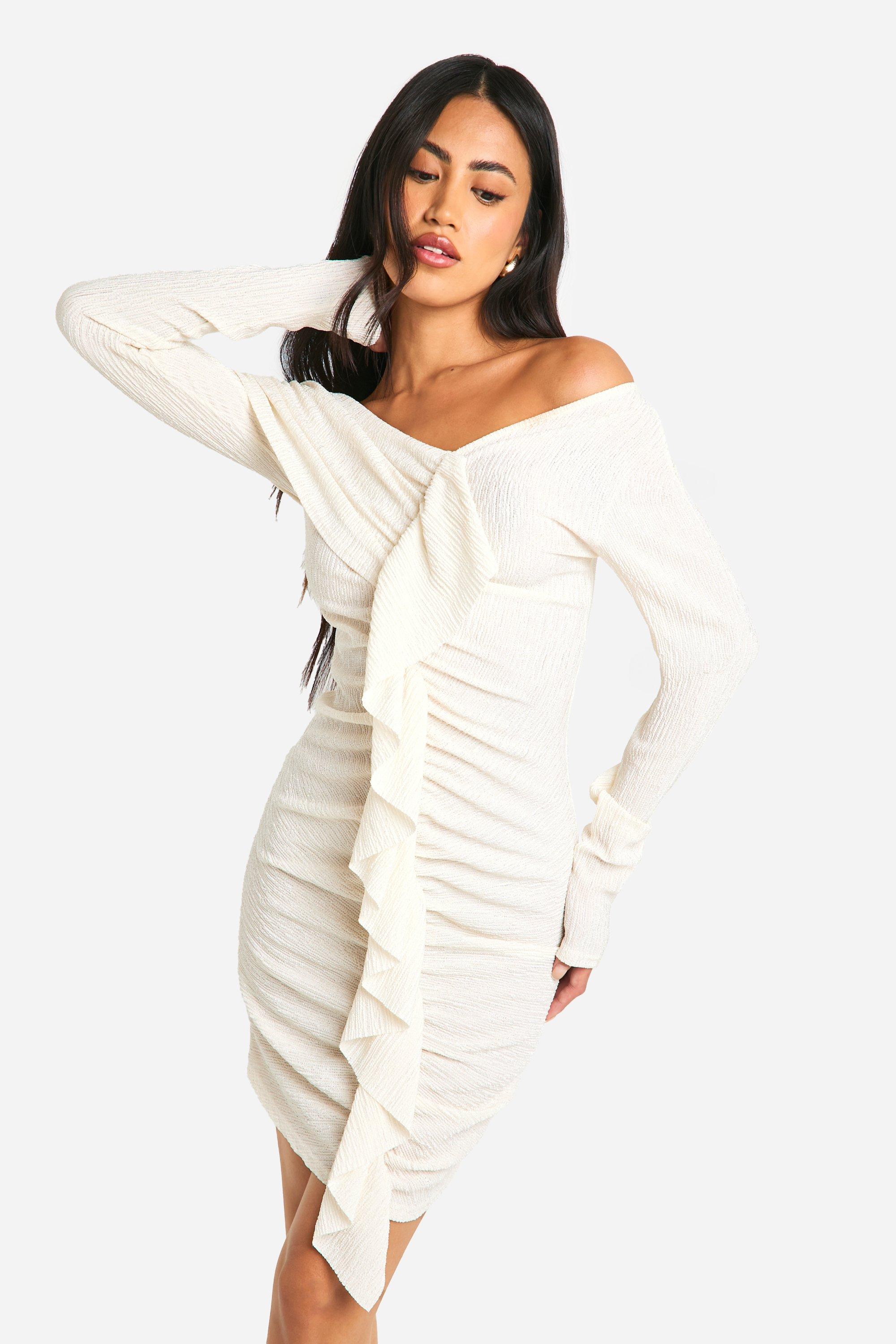 Boohoo Gedrapeerde Mini Jurk Met Textuur En Ruches, Cream