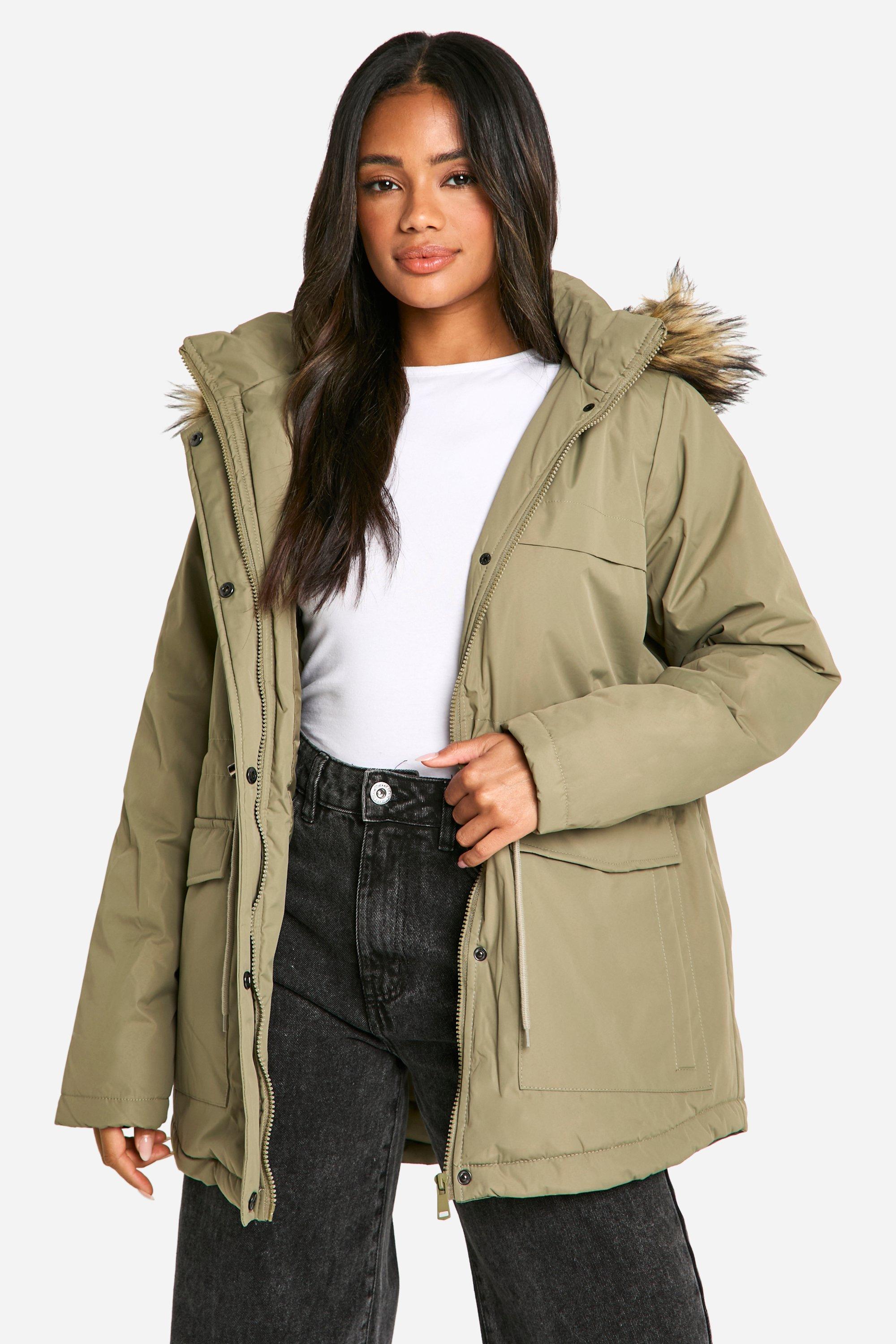 Boohoo Parka Jas Met Faux Fur Zoom, Khaki