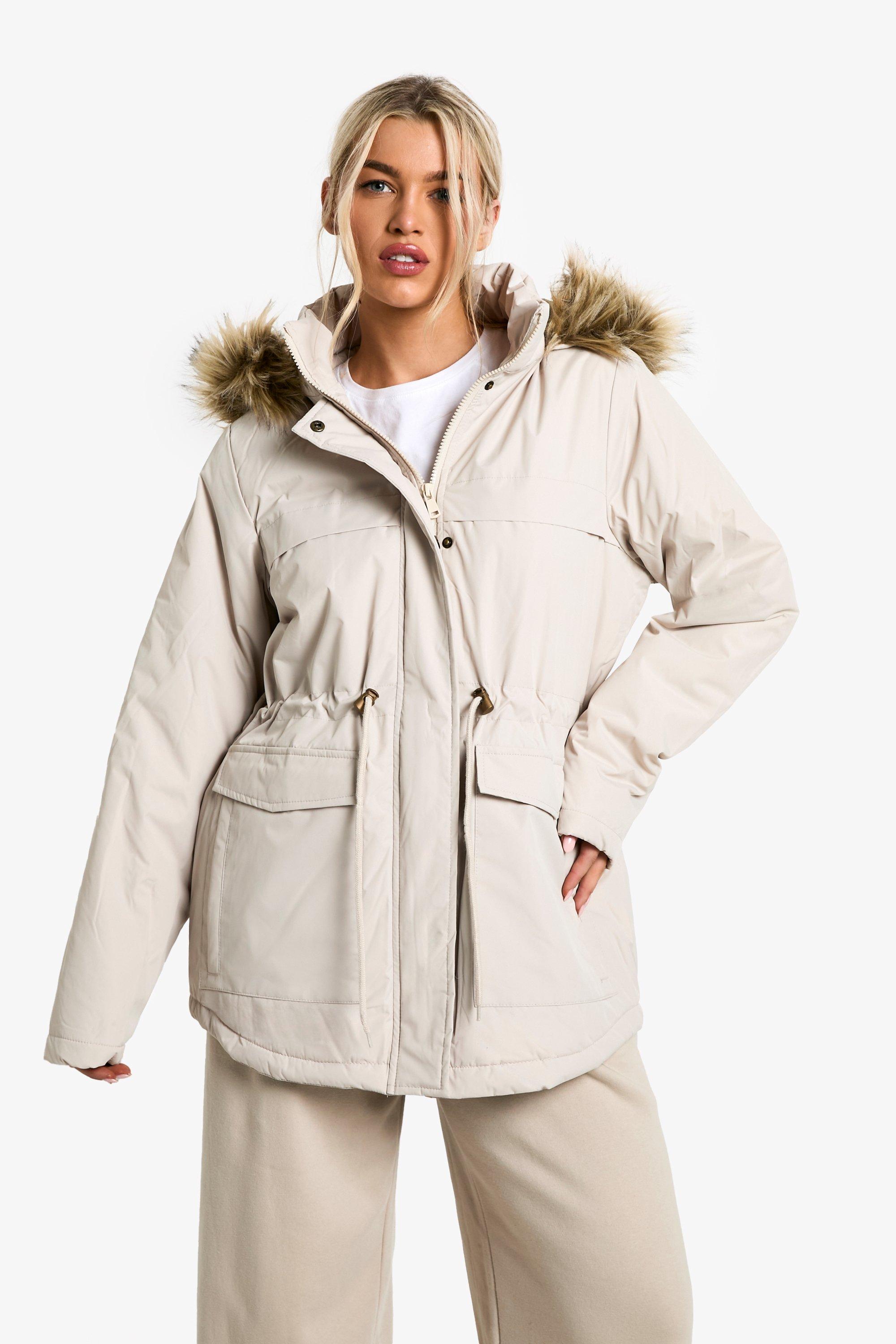 Womens Faux Fur Trim Parka - Beige - 10, Beige