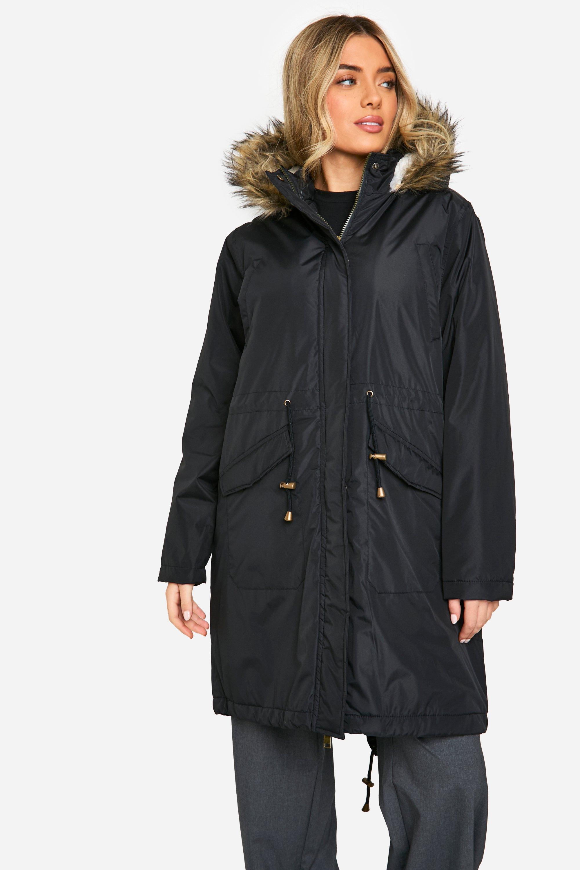 Womens Faux Fur Trim Parka - Black - 8, Black