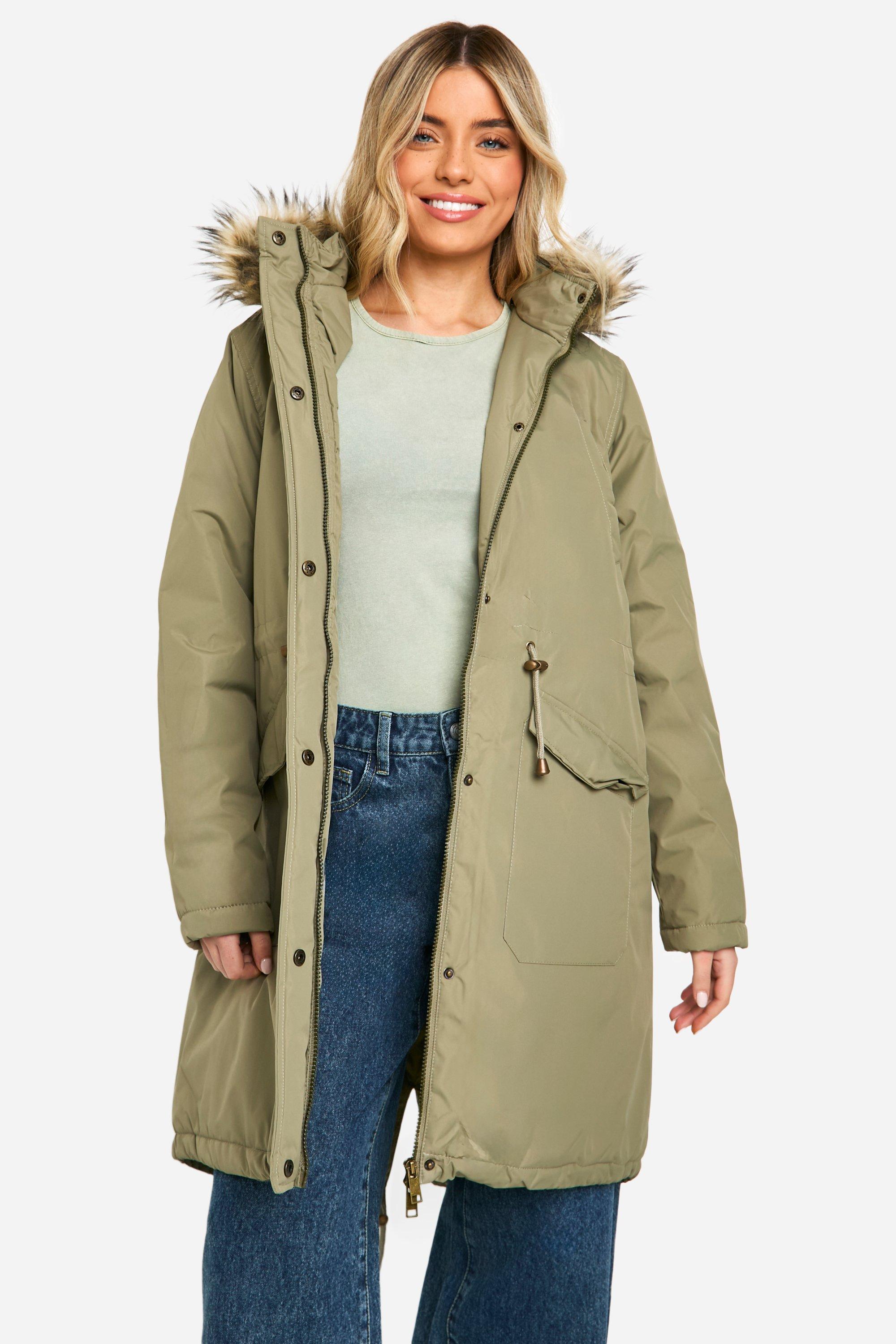 Womens Faux Fur Trim Parka - Green - 8, Green