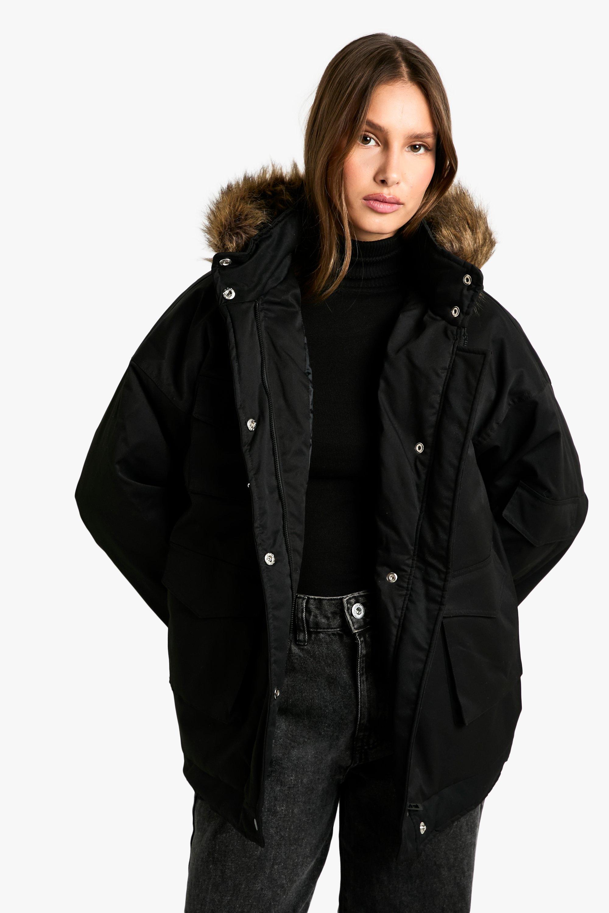 Womens Utility Pocket Parka - Black - 14, Black