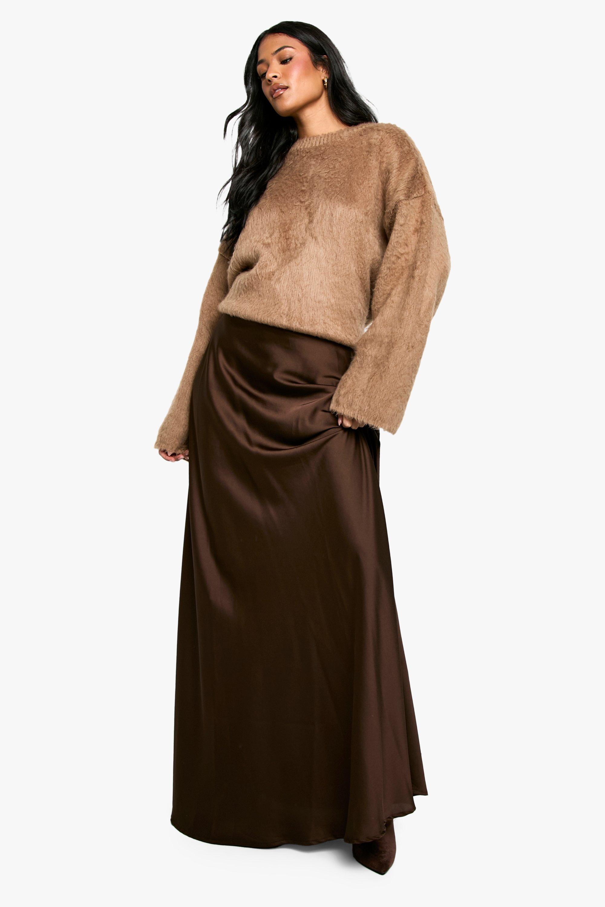 Boohoo Tall Satijnen Maxi Slip Rok, Chocolate