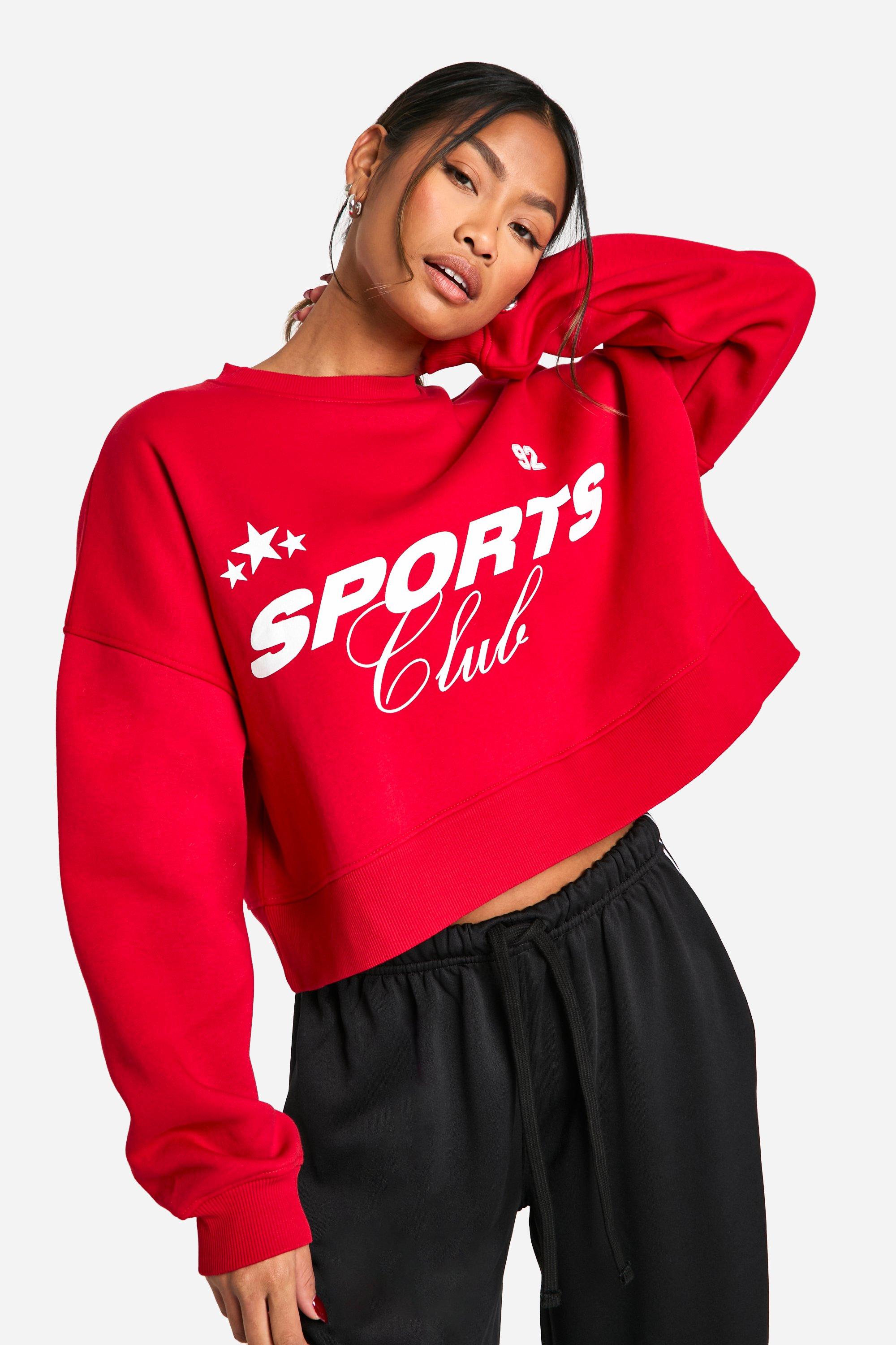 Womens Sports Club Slogan Boxy Oversized Crew Neck Sweatshirt - Red - M, Red