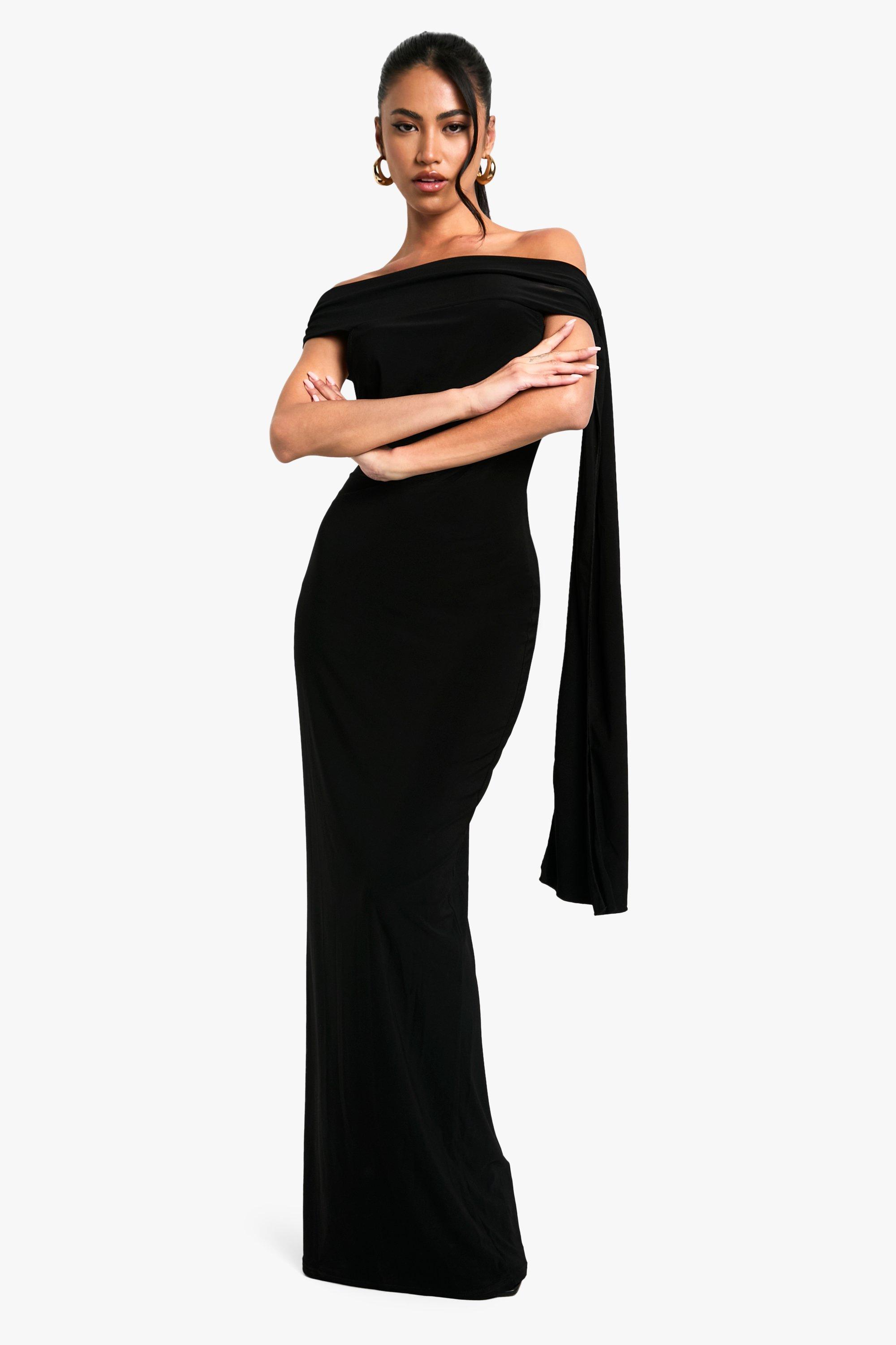 Image of Vestito maxi drappeggiato con dettagli attorcigliati e spalle scoperte, Nero