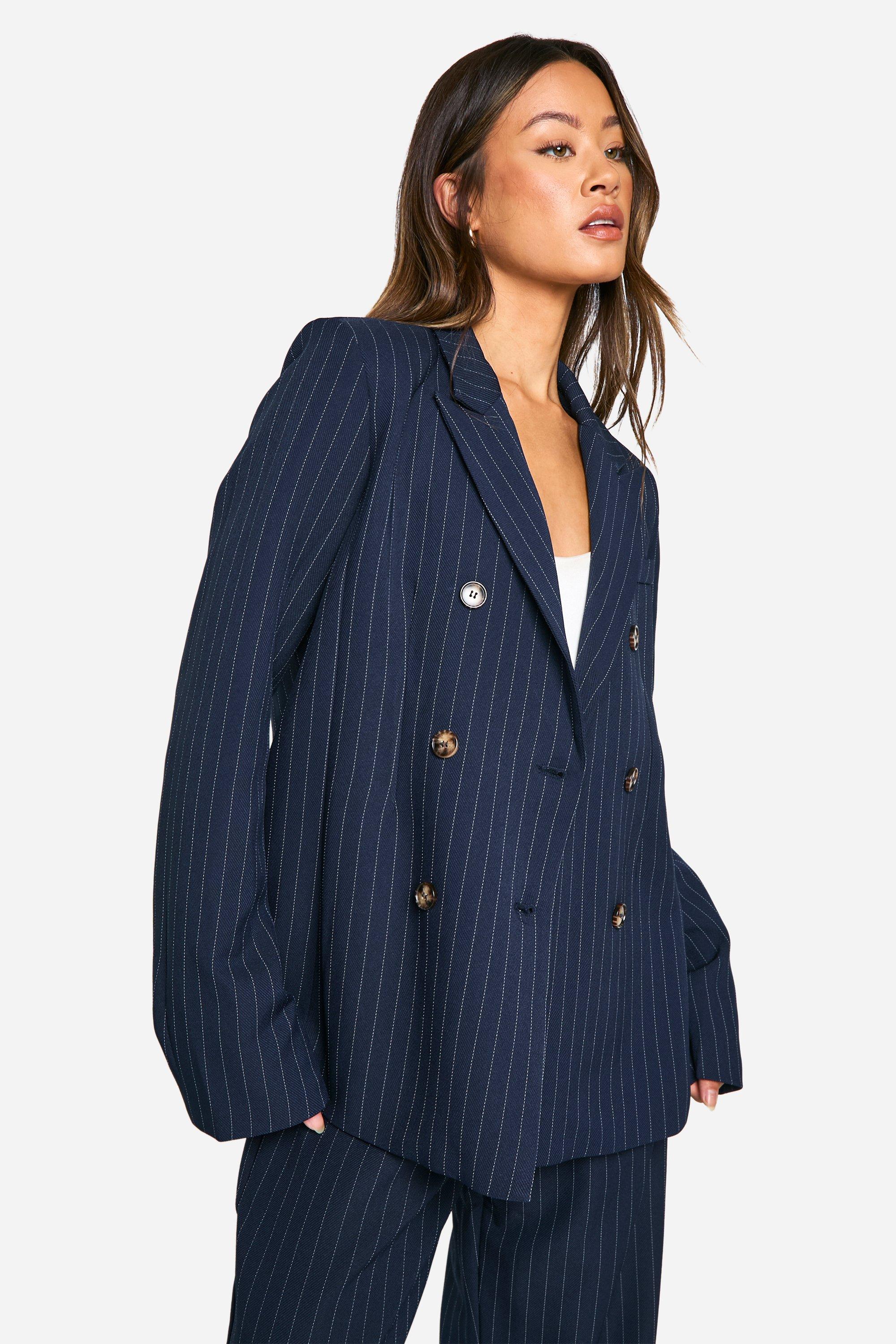 Boohoo Tall Blazer Met Krijtstrepen En Dubbele Knopen, Navy