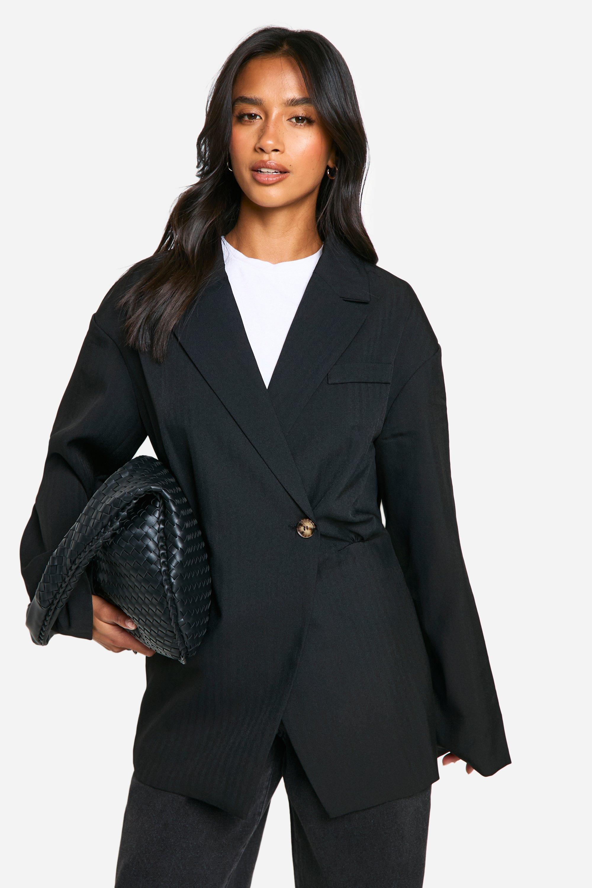 Boohoo Petite Blazer Met Geplooide Taille, Black