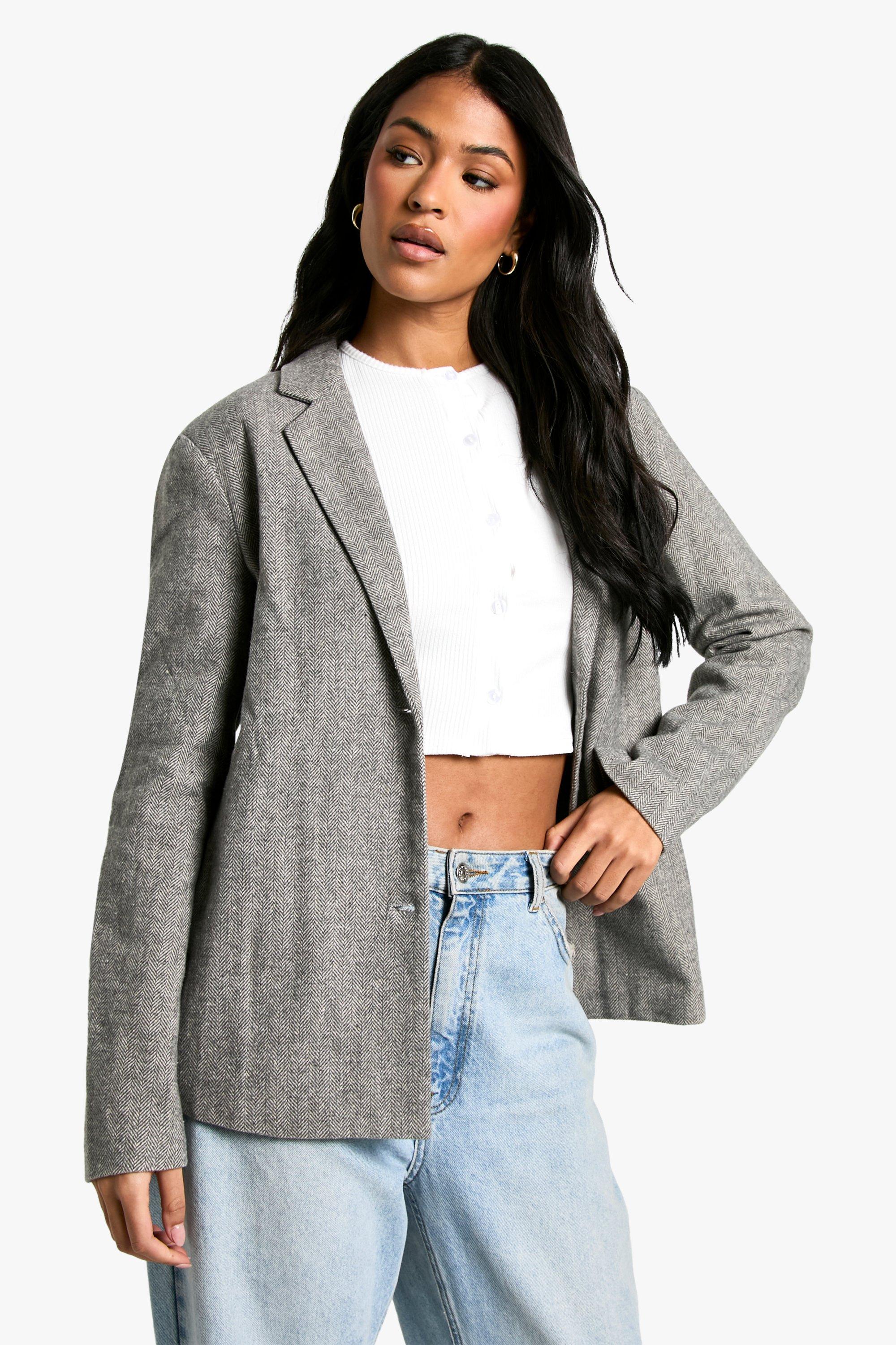 Boohoo Tall Nepwollen Herringbone Blazer, Grey