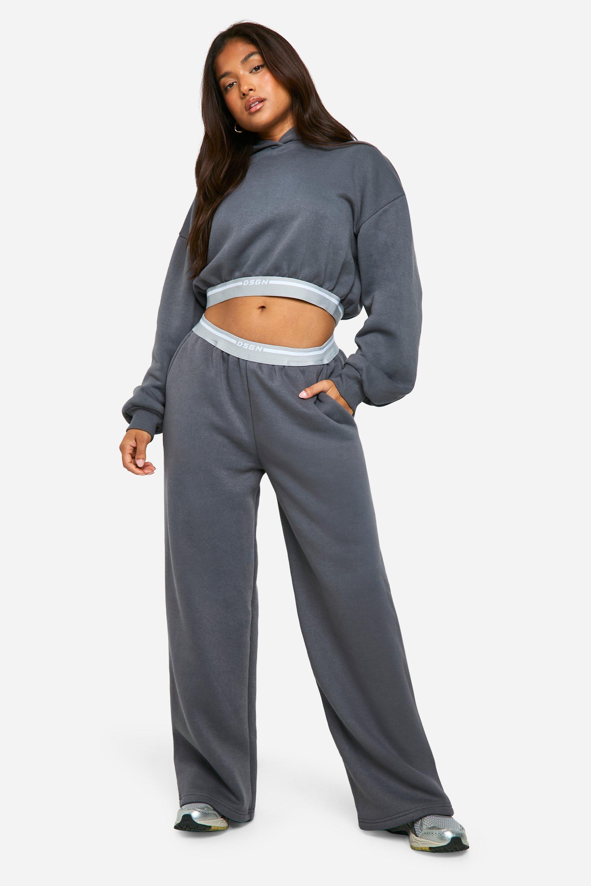 Womens Petite Cropped Sweatshirt And Straight Leg Jogger Dsgn Tape Detail Tracksuit - Grey - S, Grey