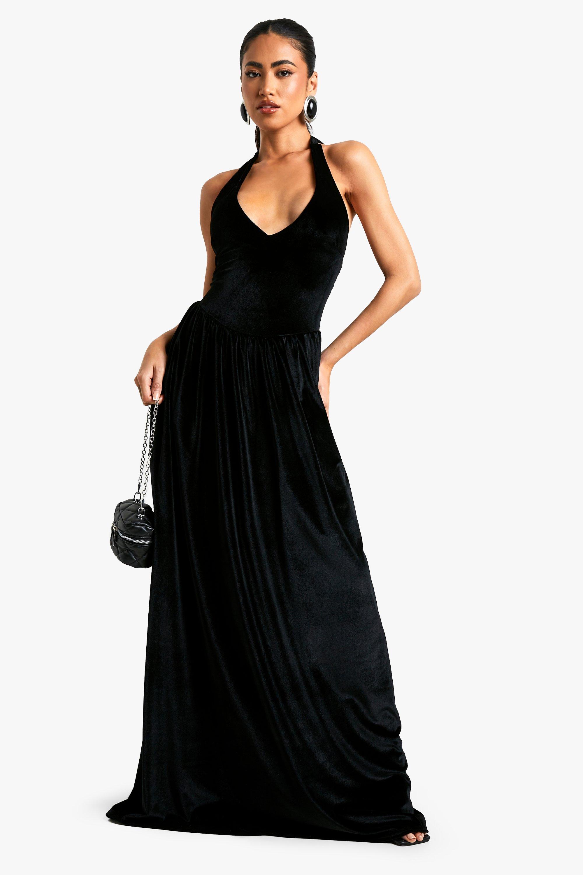 Boohoo Fluwelen Melkmeisjes Maxi Jurk Met Lage Ronde Hals, Black