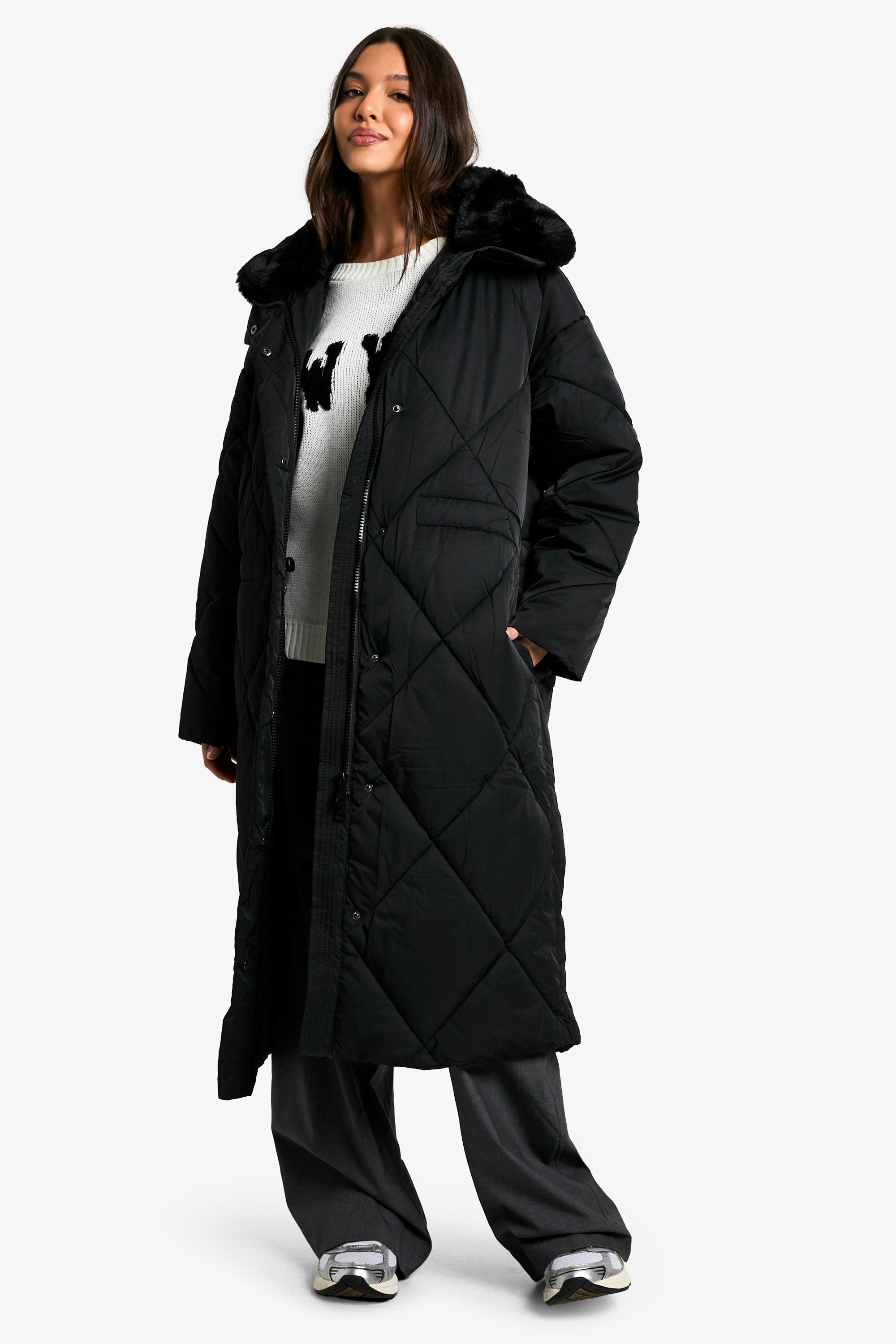 Boohoo Premium Gewatteerde Maxi Parka Met Faux Fur Zoom En Stiksels, Black