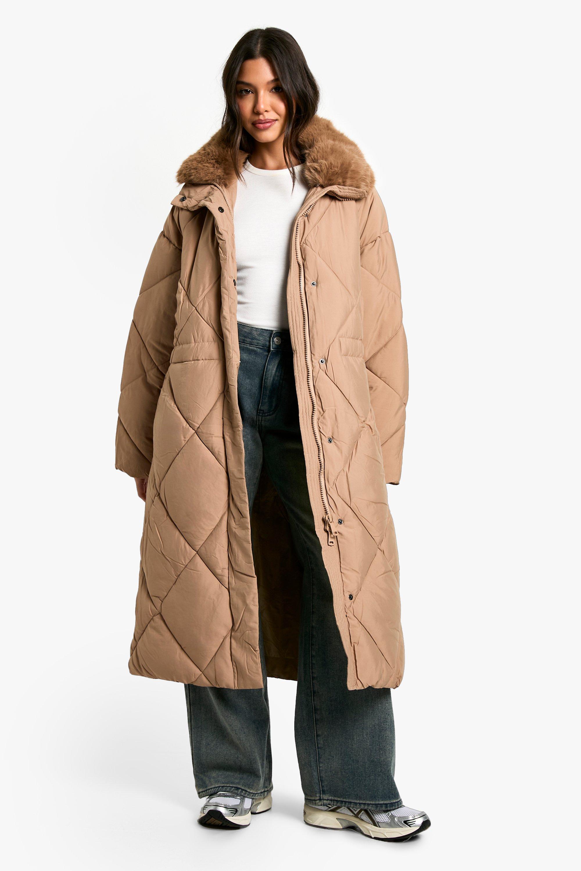 Boohoo Premium Gewatteerde Maxi Parka Met Faux Fur Zoom En Stiksels, Camel