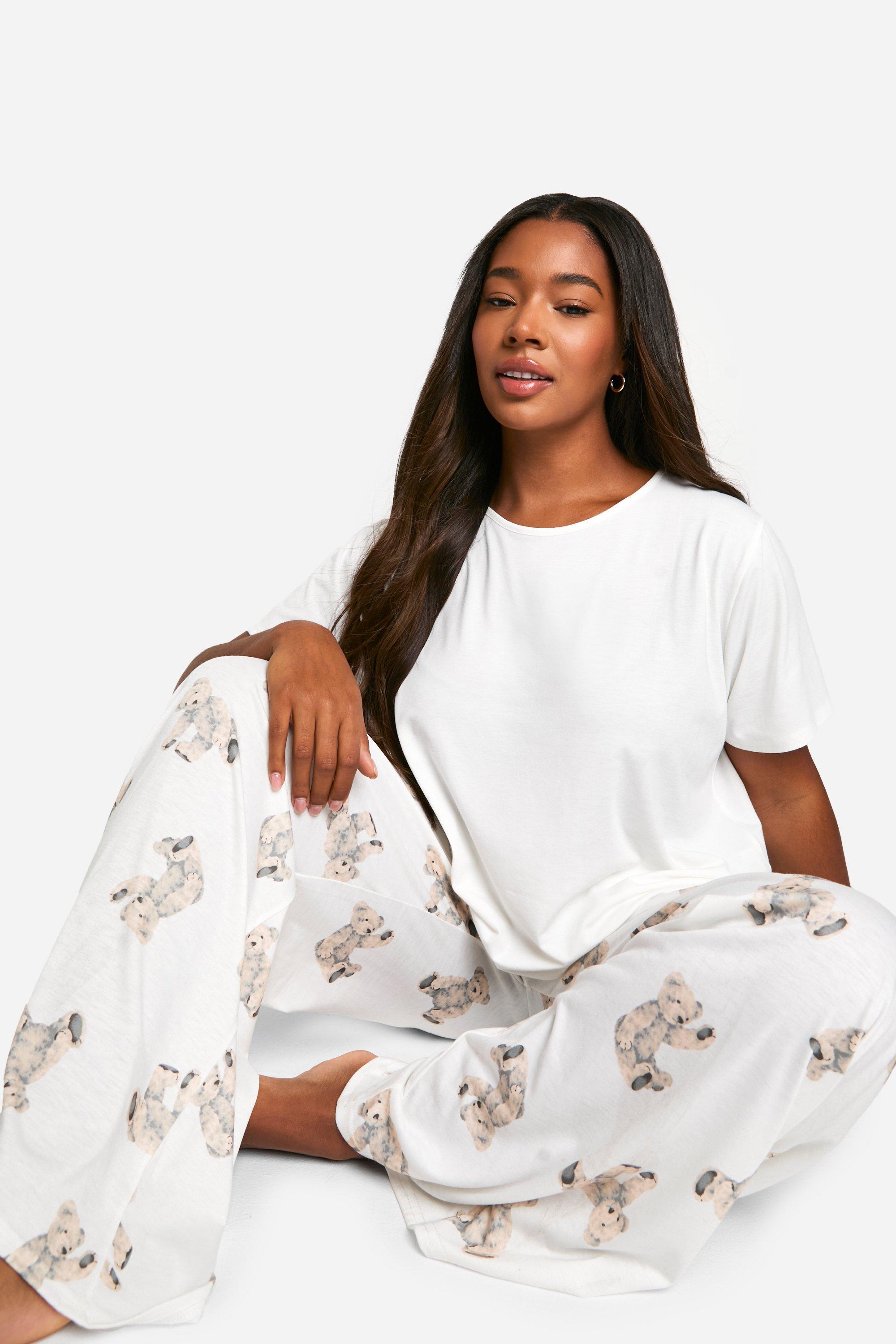 Womens Plus  Bear Print Trouser Pyjama Set - White - 28, White