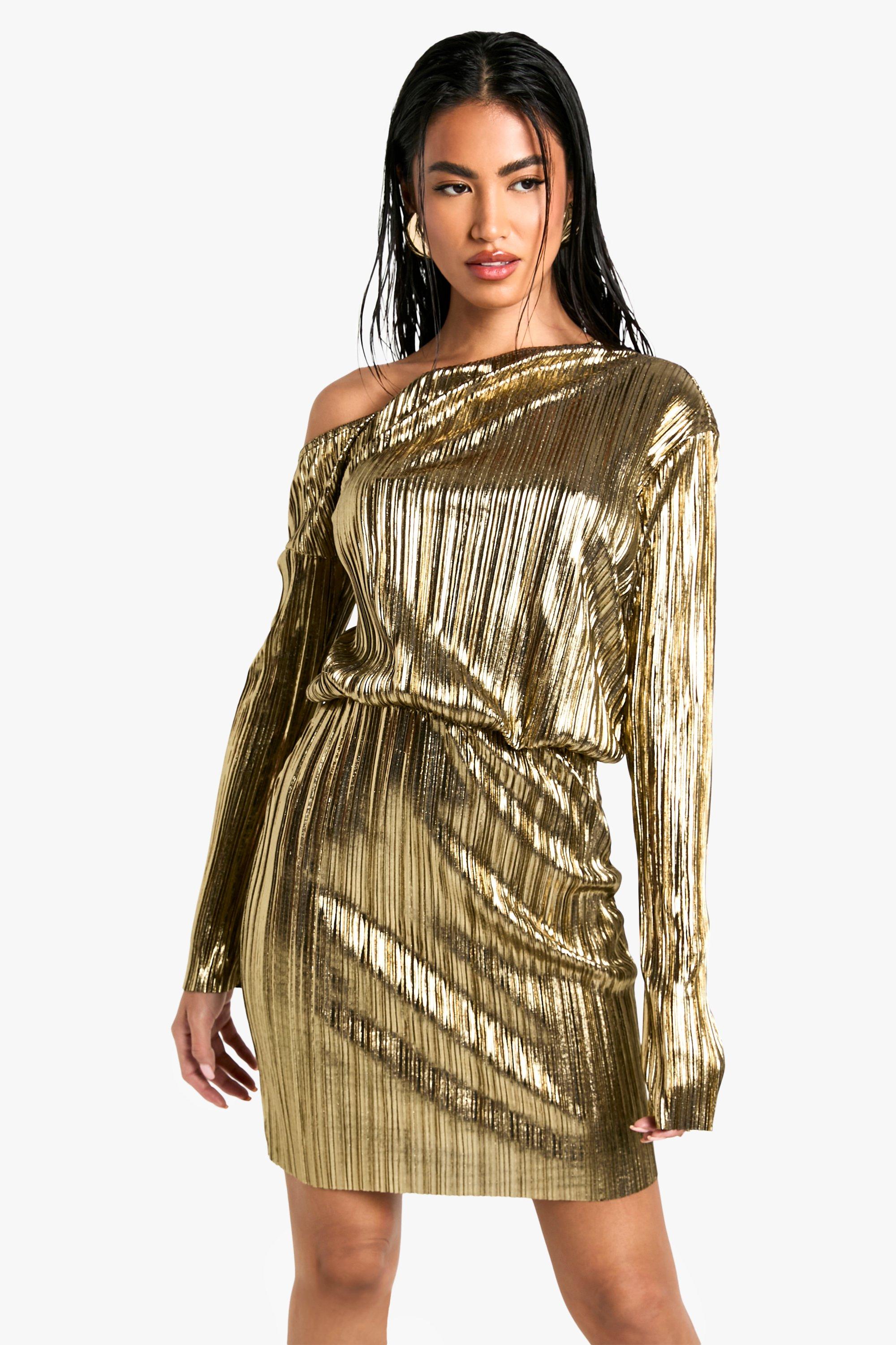 Boohoo Gouden Plisse Mini Jurk Met Eén Blote Schouder En Lange Mouwen, Metallic Gold