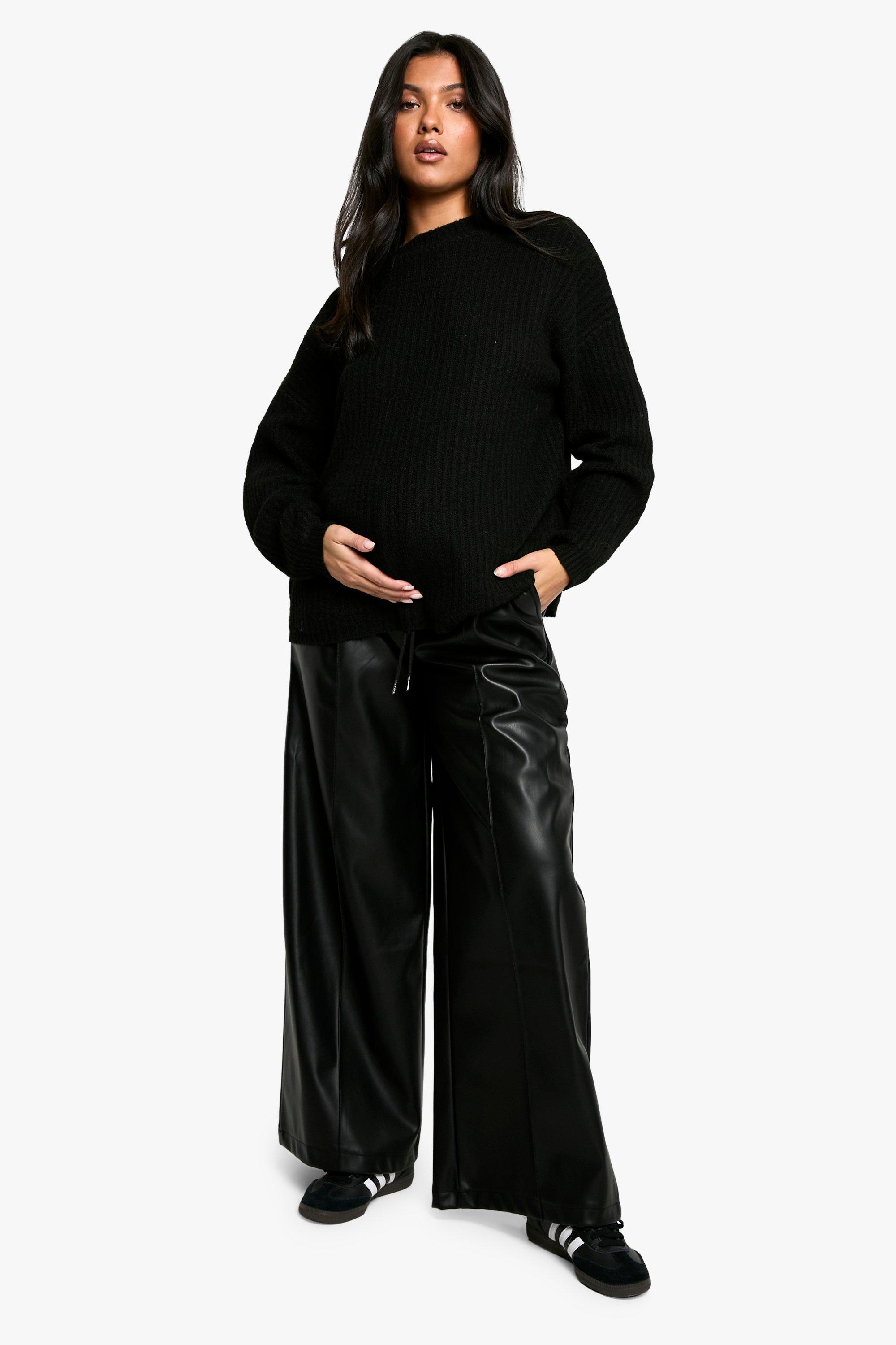 Image of Pantaloni tuta Premaman a gamba ampia in PU con vita elasticizzata, Nero