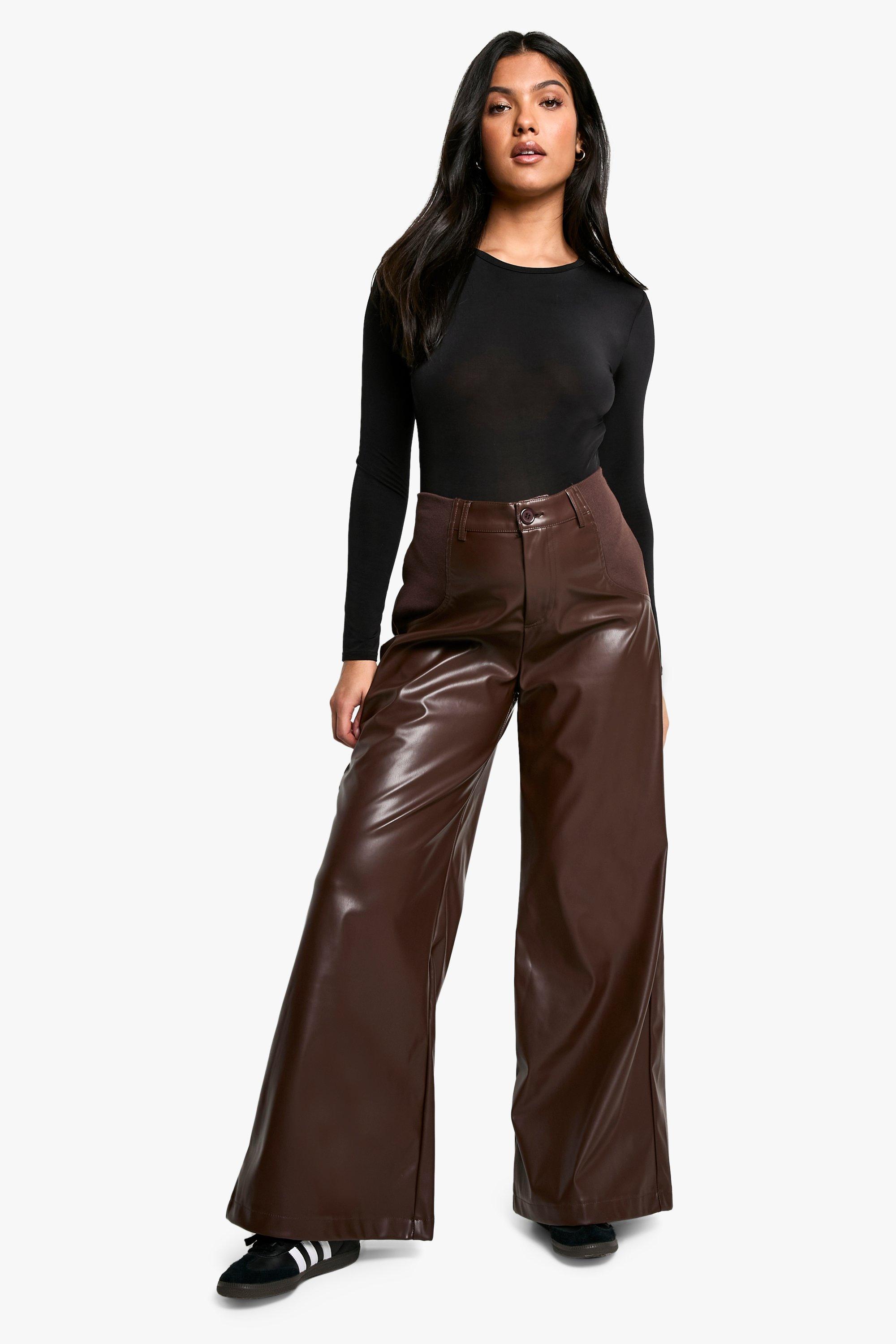 Image of Pantaloni Premaman a gamba ampia in PU a vita alta, Brown