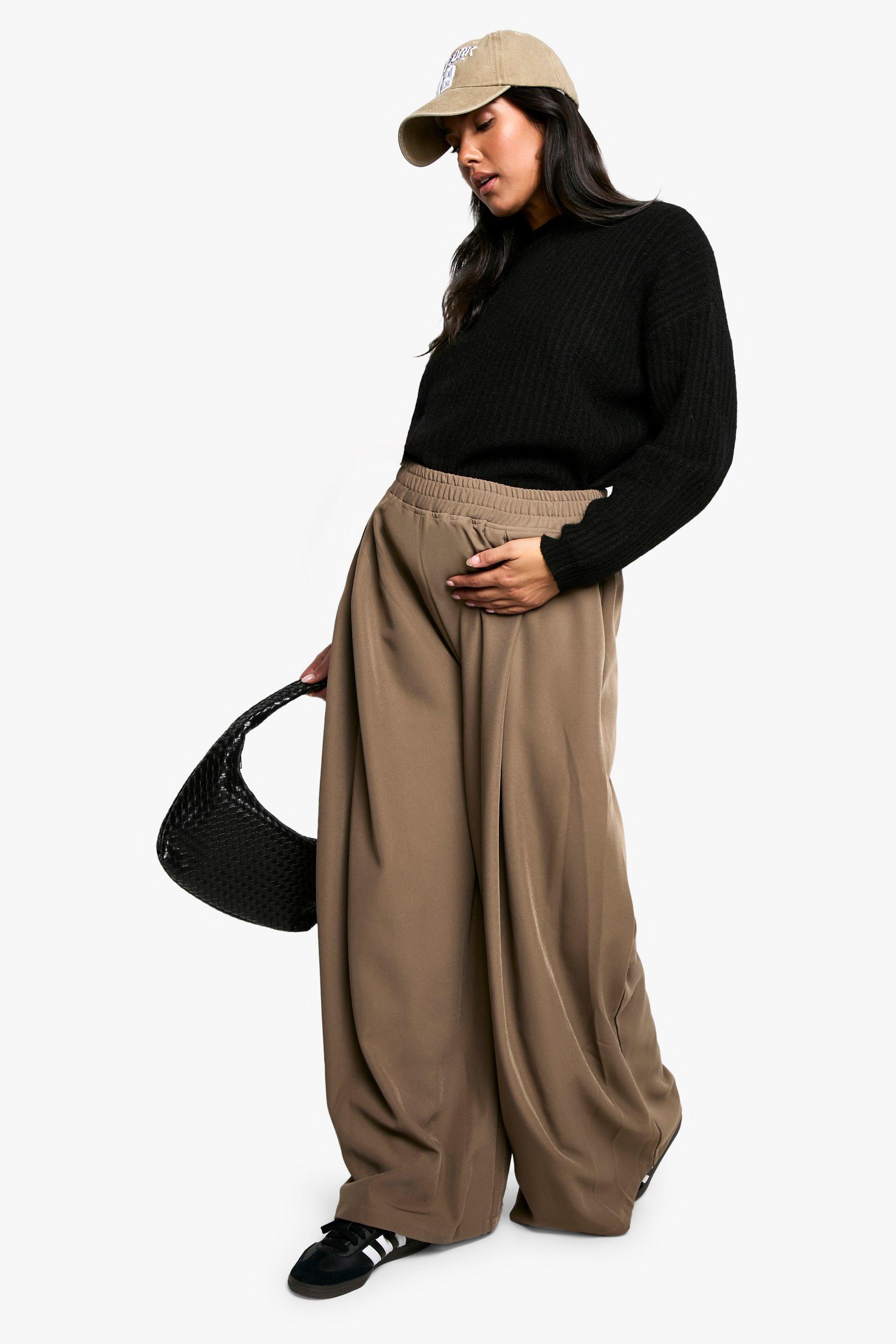 Image of Pantaloni a gamba ampia Premaman a gamba ampia rilassati con pieghe, Beige