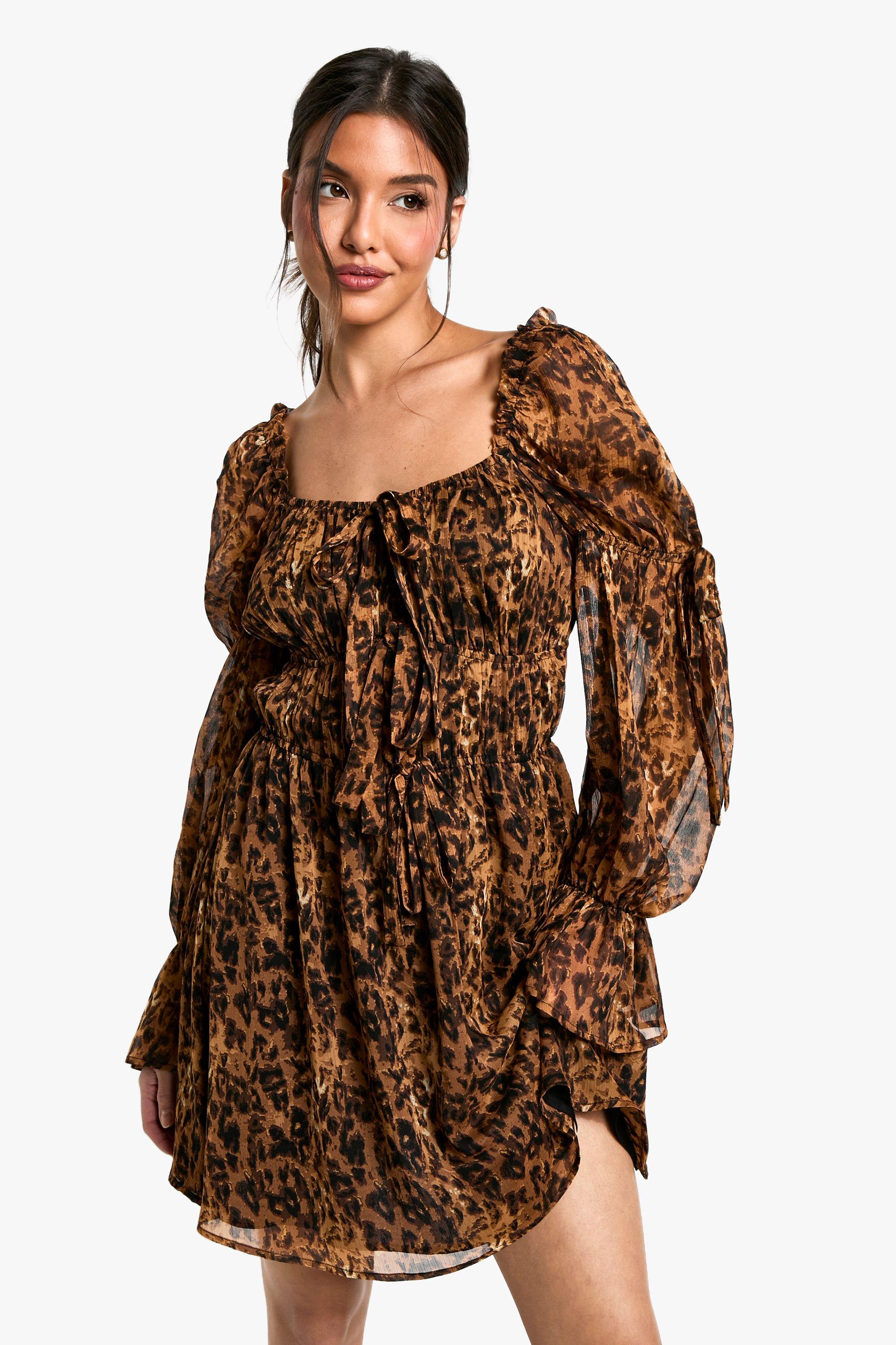 Image of Miniabito Milkmaid in chiffon leopardato, Multi